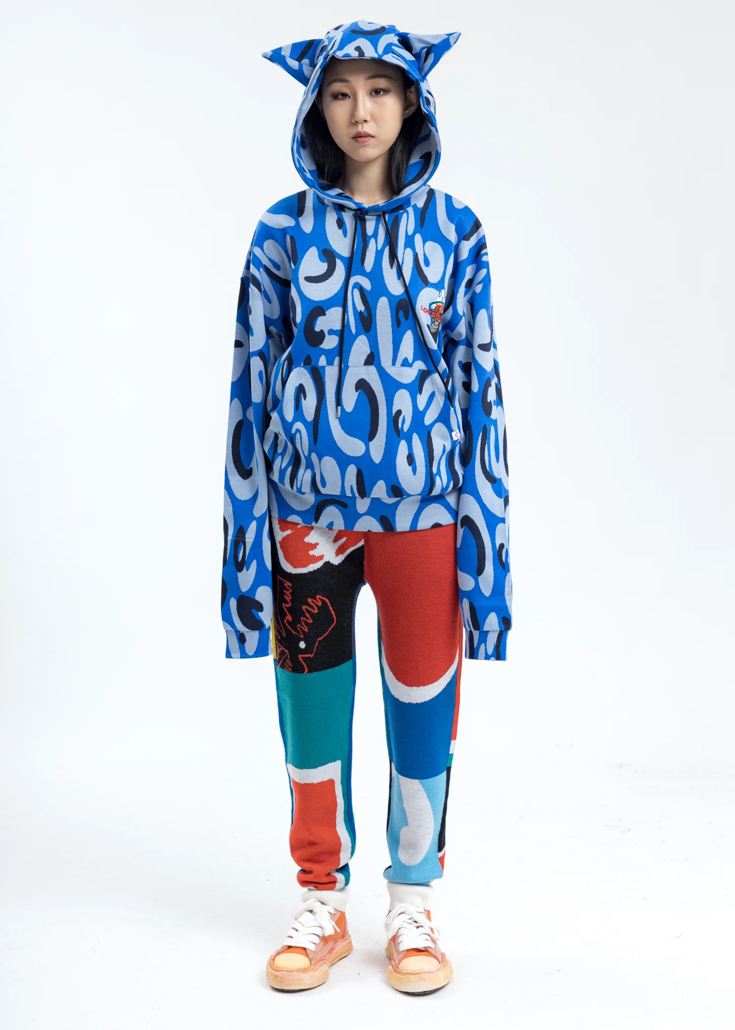 Blue Hand-drawn Monster Print Hoodie with Ears - Image 7