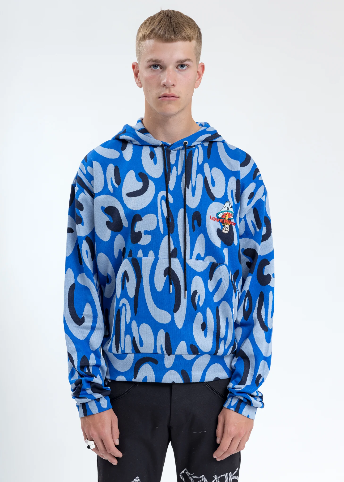 Blue Hand-drawn Monster Print Hoodie with Ears