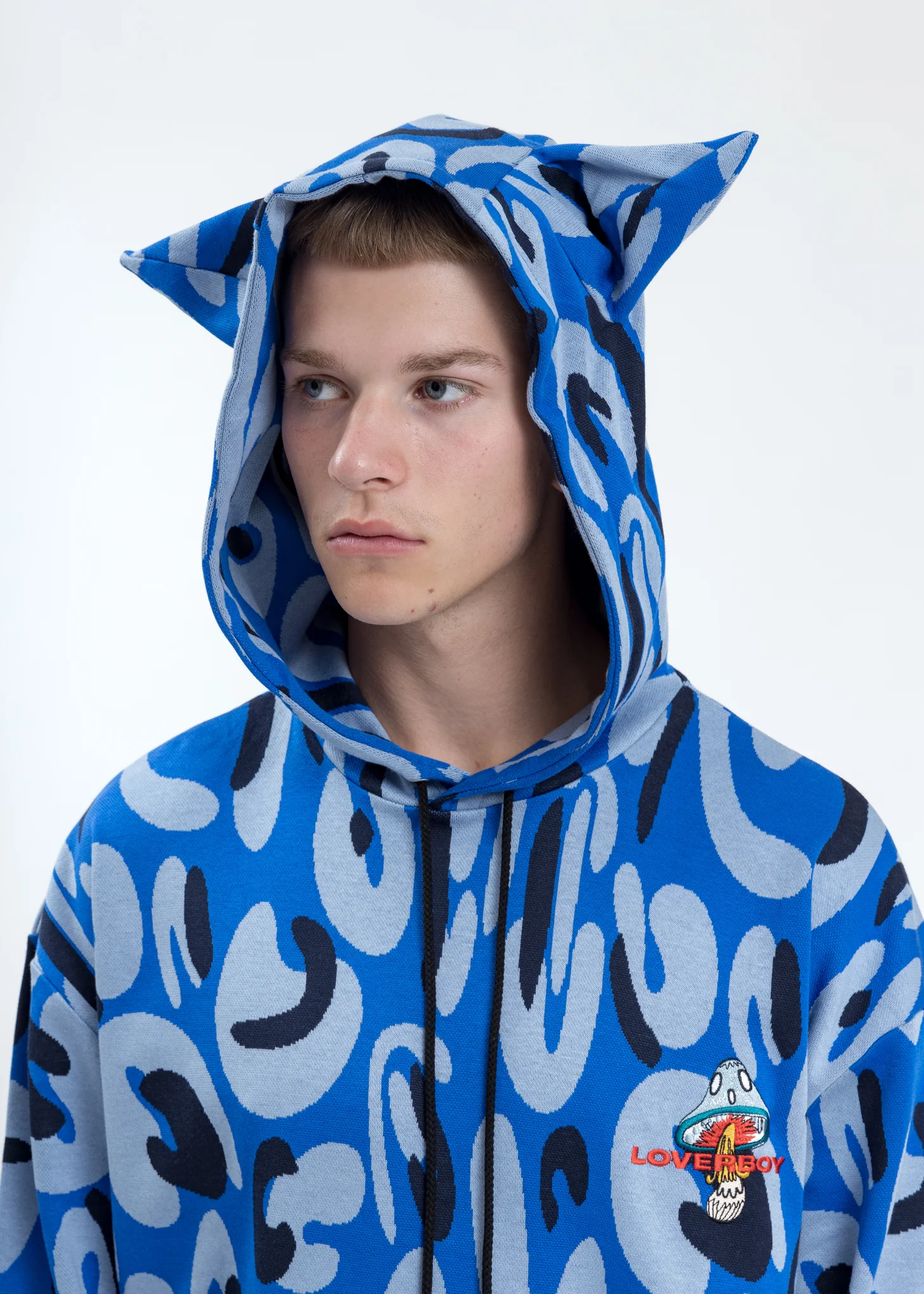 Blue Hand-drawn Monster Print Hoodie with Ears - Image 2