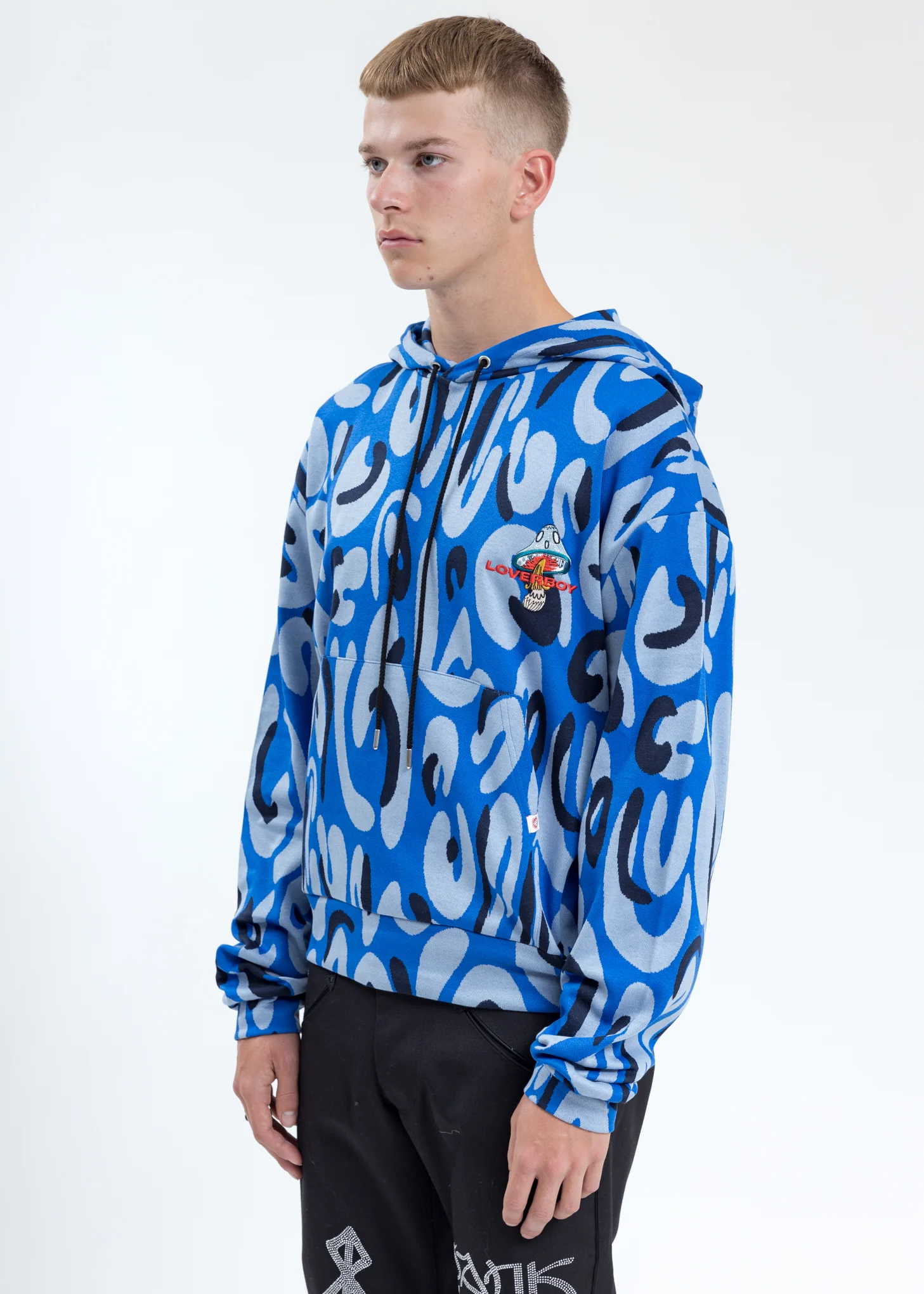 Blue Hand-drawn Monster Print Hoodie with Ears - Image 3