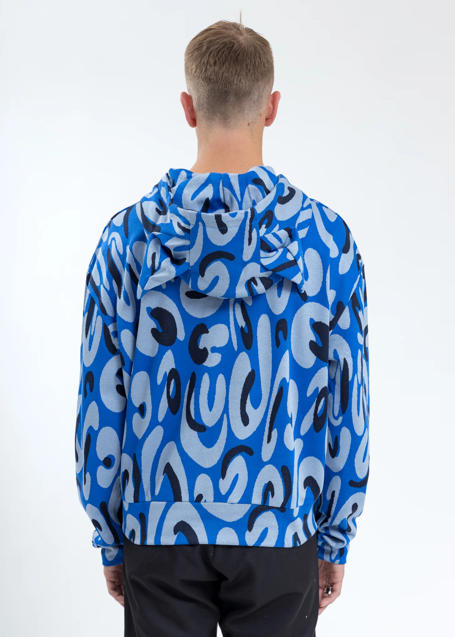Blue Hand-drawn Monster Print Hoodie with Ears - Image 5