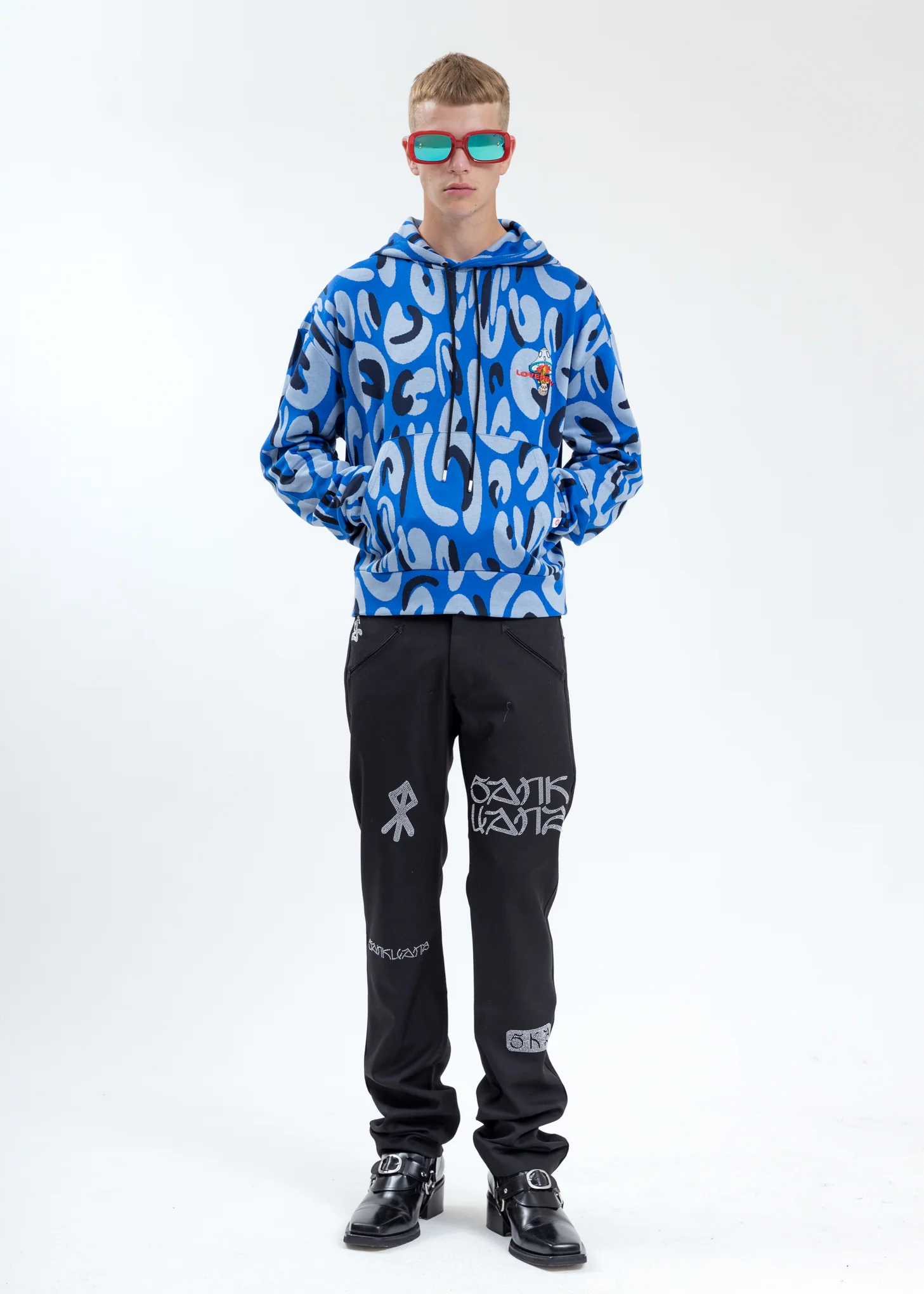 Blue Hand-drawn Monster Print Hoodie with Ears - Image 6