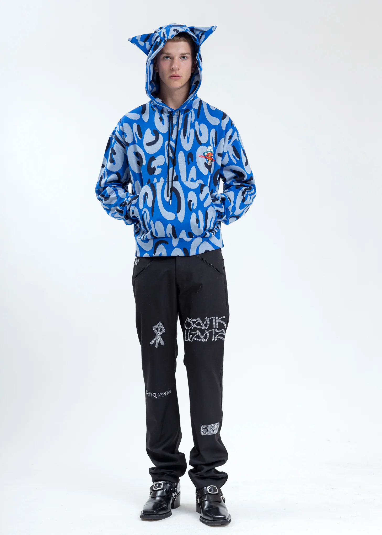 Blue Hand-drawn Monster Print Hoodie with Ears - Image 7