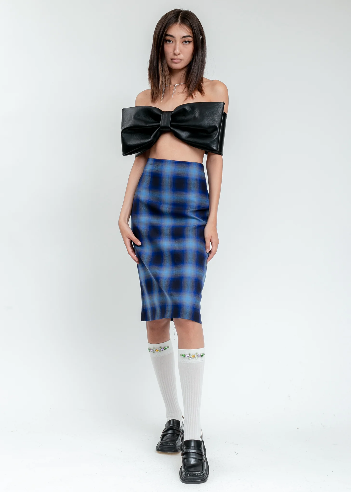 Blue Checkered High Waist Skirt - Image 5