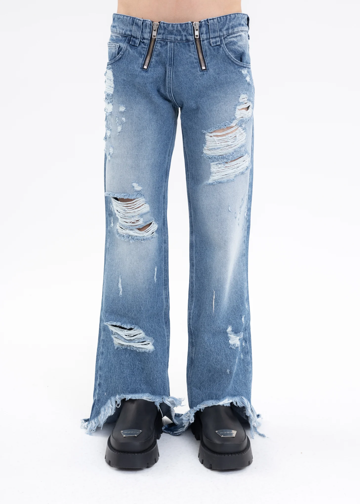 Blue HIGH WAISTED TROUSERS W EXPOSED DOUBLE ZIPS