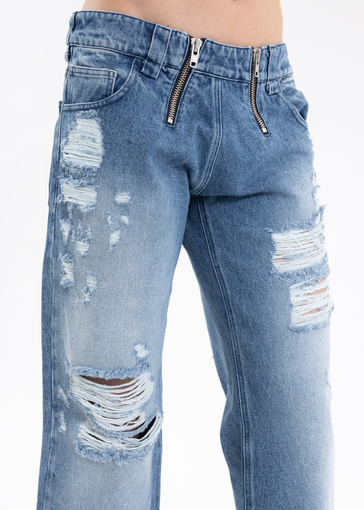 Blue HIGH WAISTED TROUSERS W EXPOSED DOUBLE ZIPS - Image 4