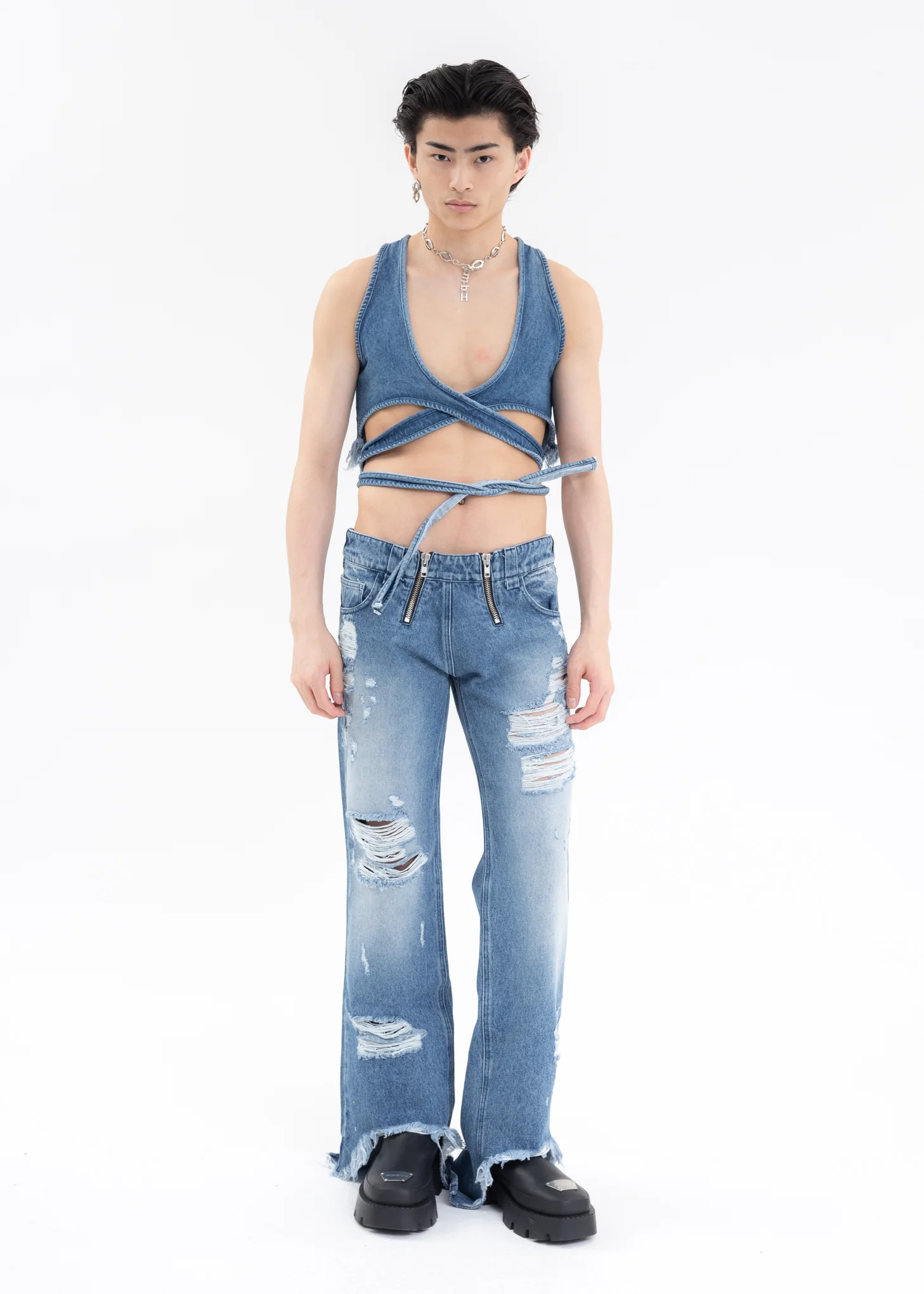 Blue HIGH WAISTED TROUSERS W EXPOSED DOUBLE ZIPS - Image 6