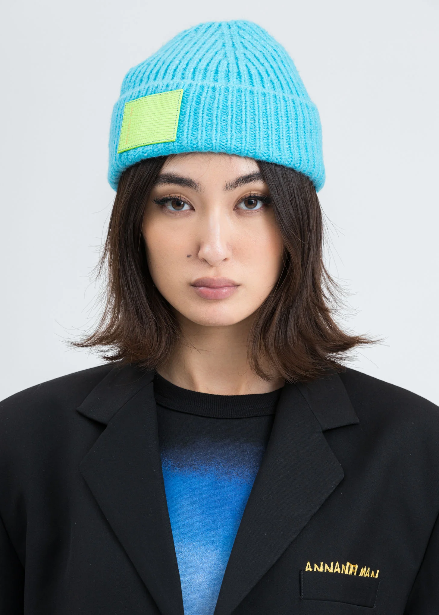 Blue Leather Pad Beanie