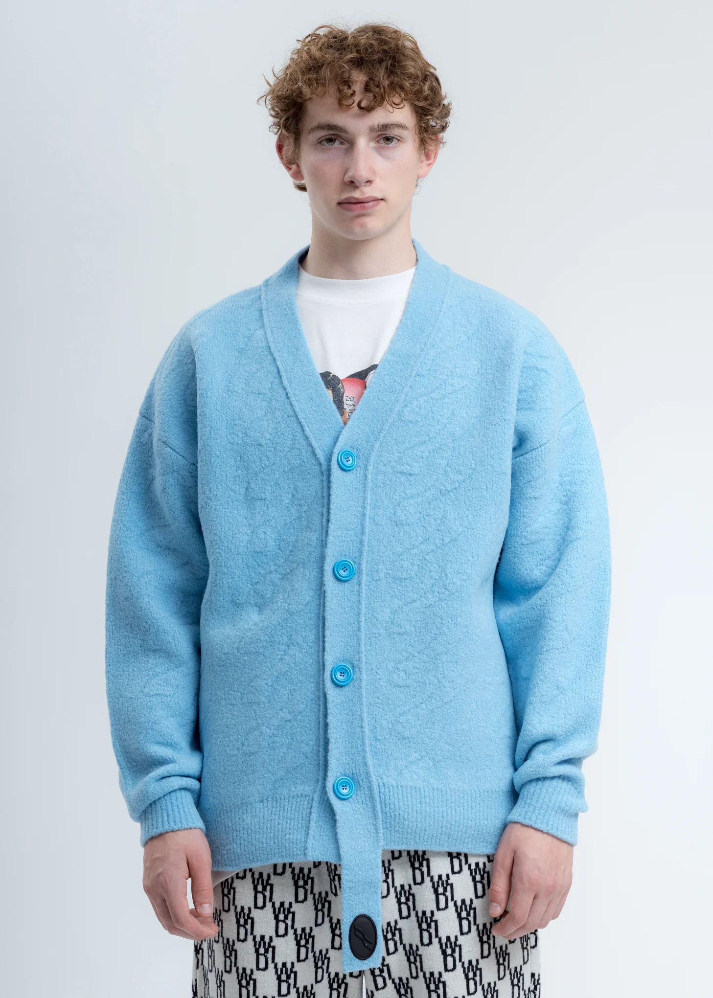 Blue Logo Cable Felted Knit Cardigan
