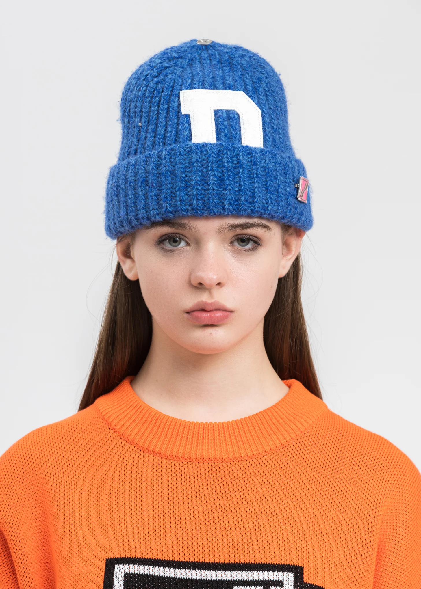 Blue Logo Leather Patch Embroidered Beanie