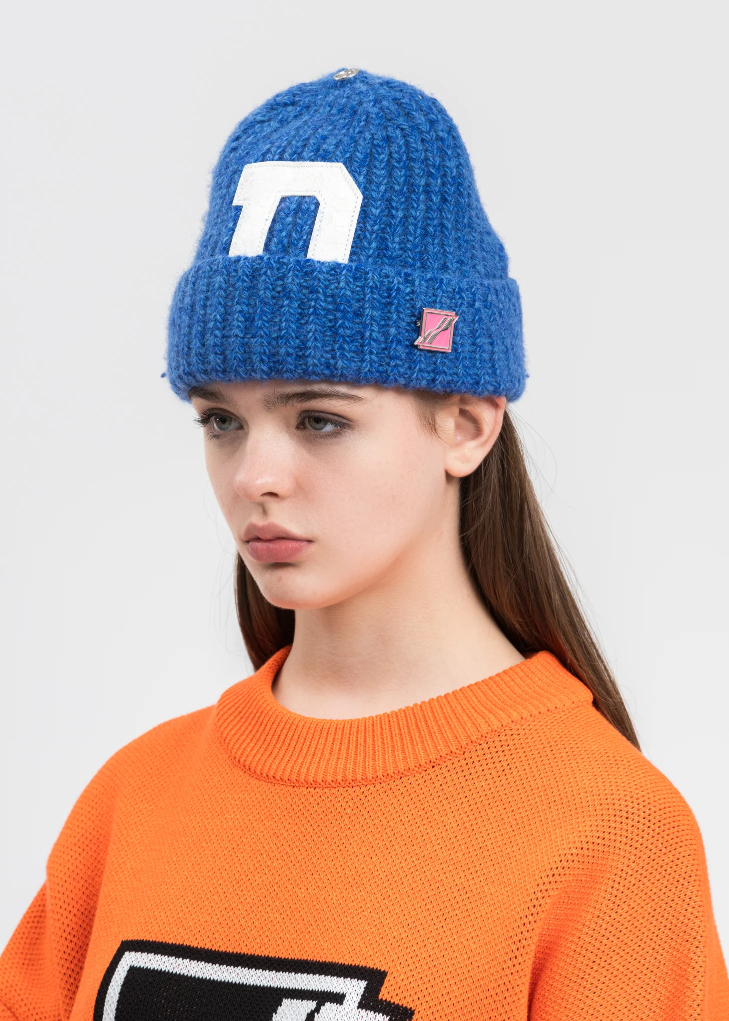 Blue Logo Leather Patch Embroidered Beanie - Image 2