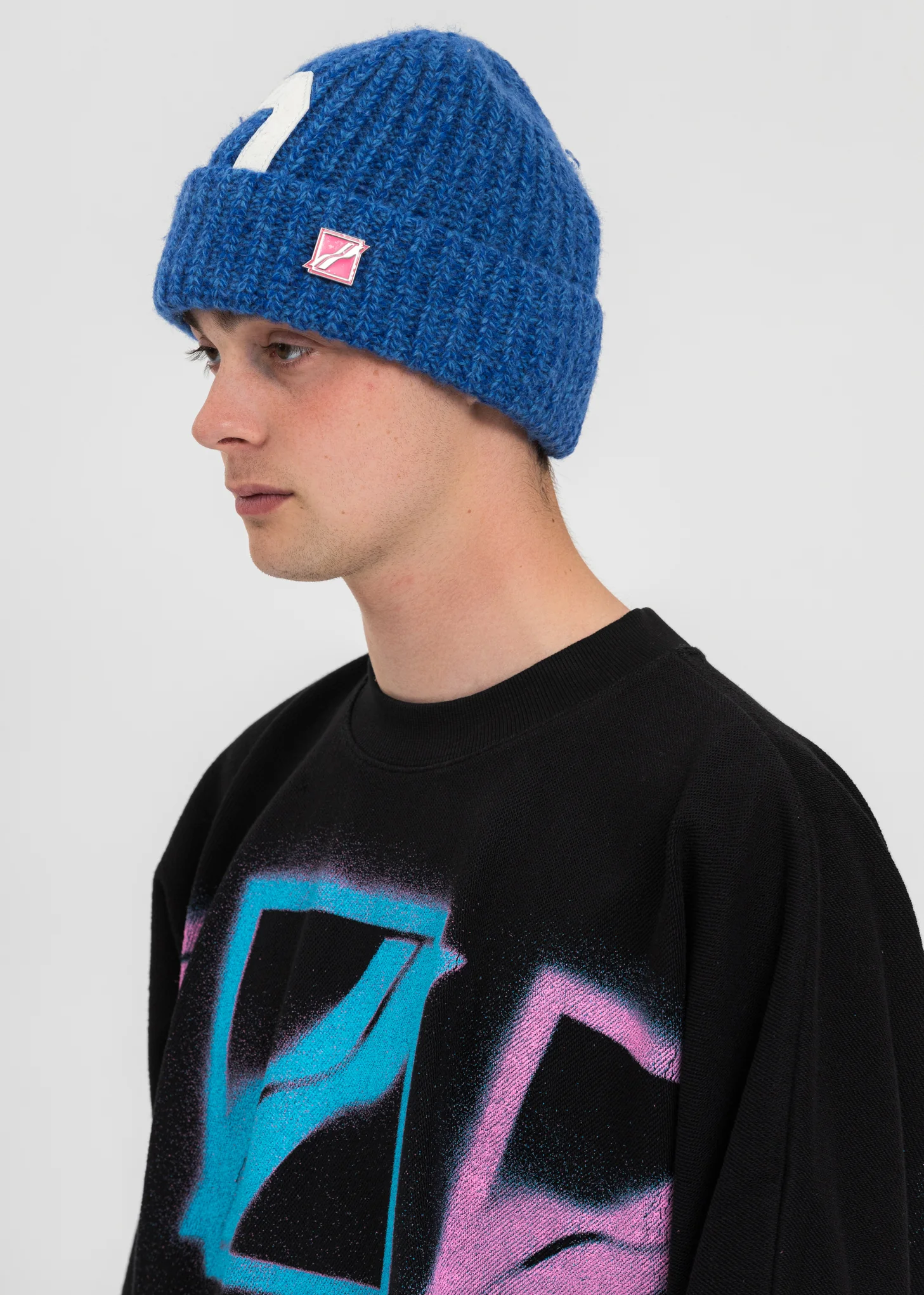 Blue Logo Leather Patch Embroidered Beanie