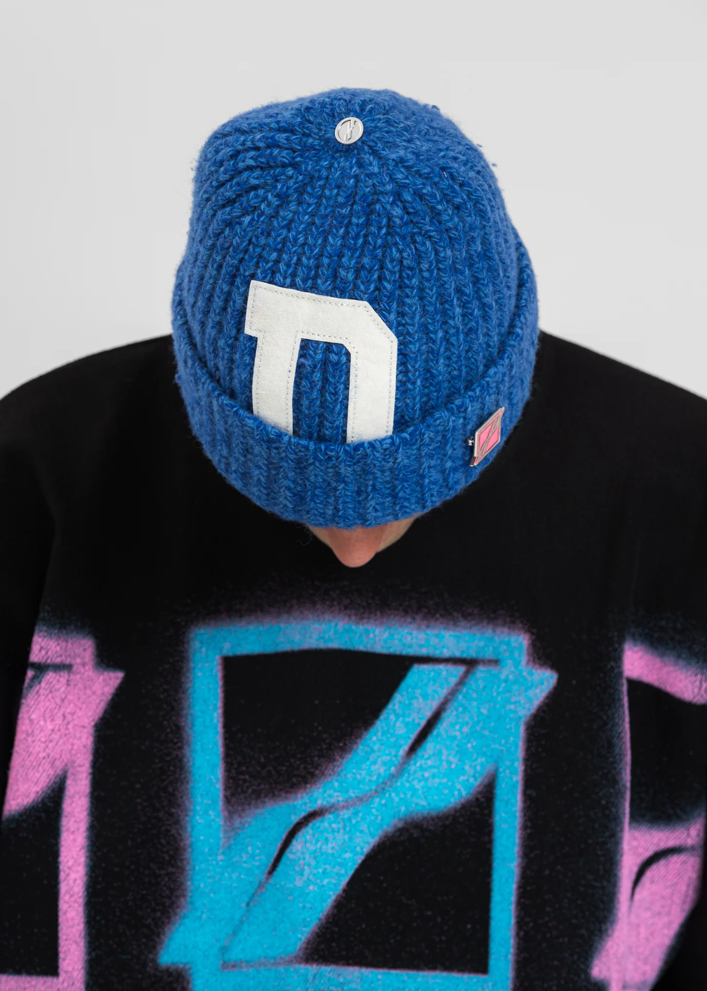 Blue Logo Leather Patch Embroidered Beanie - Image 2