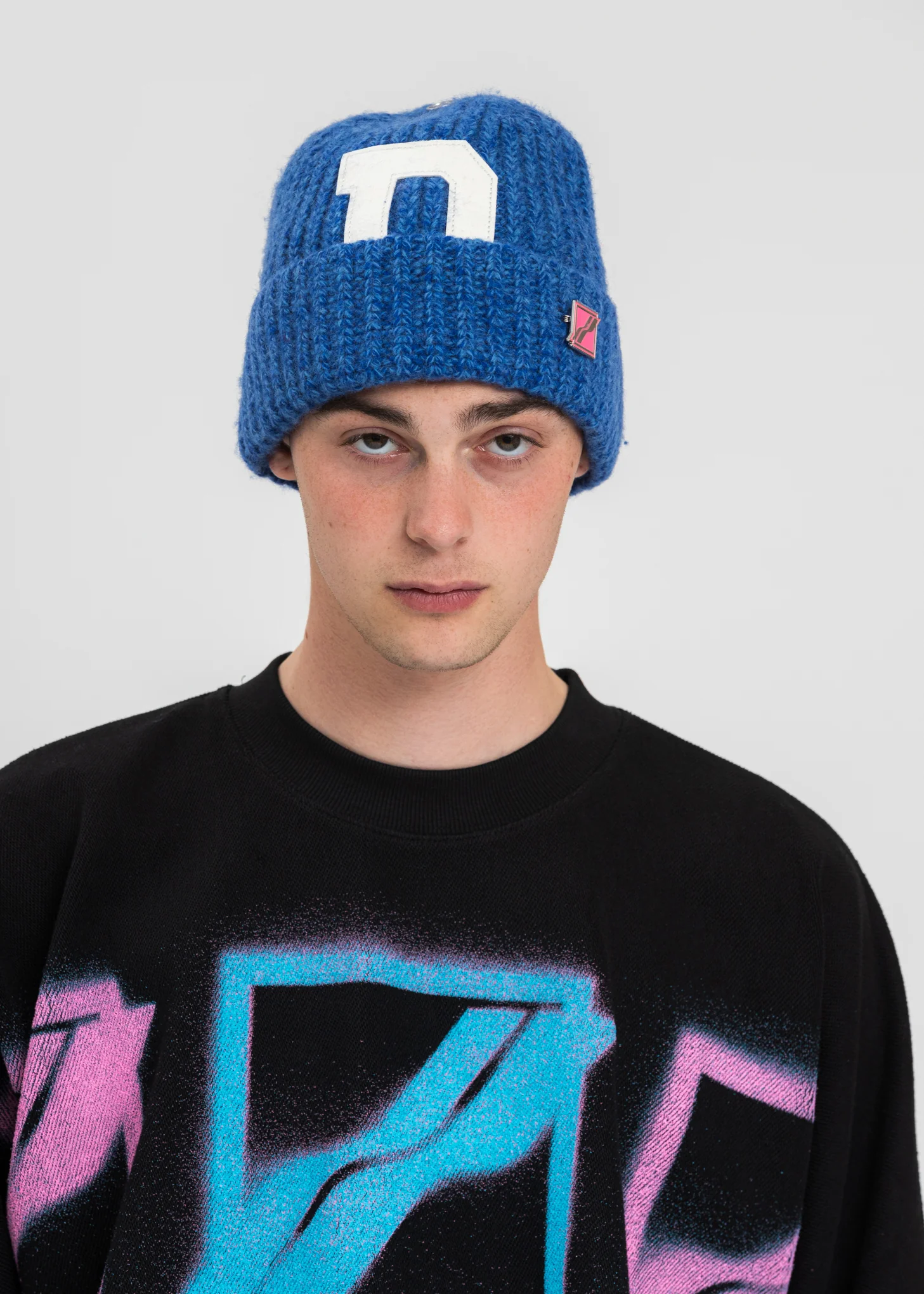 Blue Logo Leather Patch Embroidered Beanie - Image 3