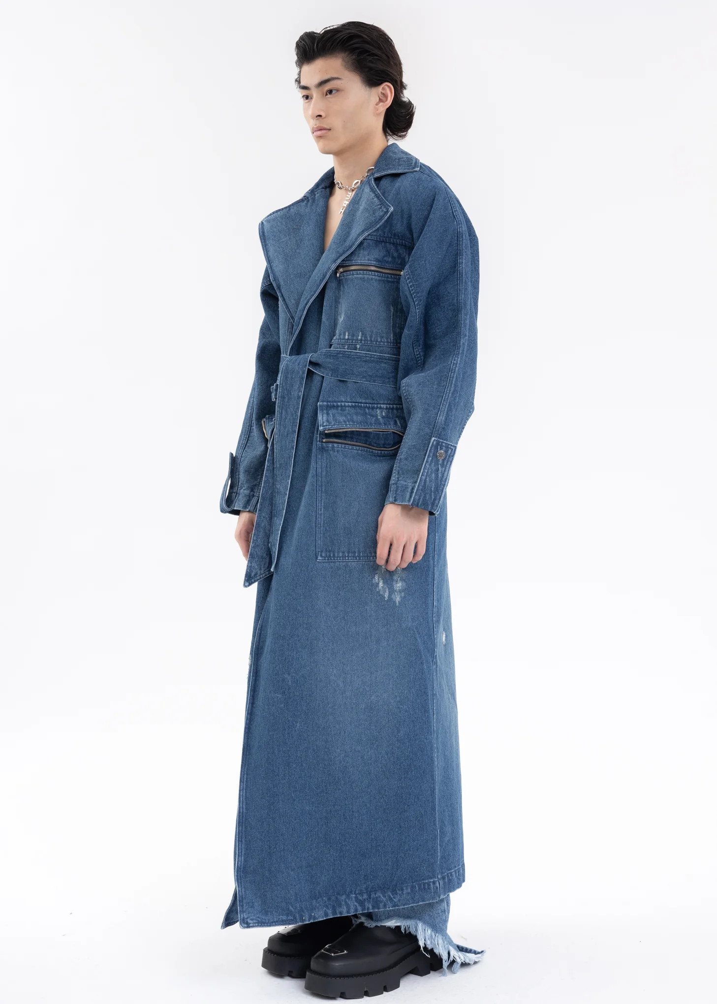 Blue LONG COAT W PATCH POCKETS