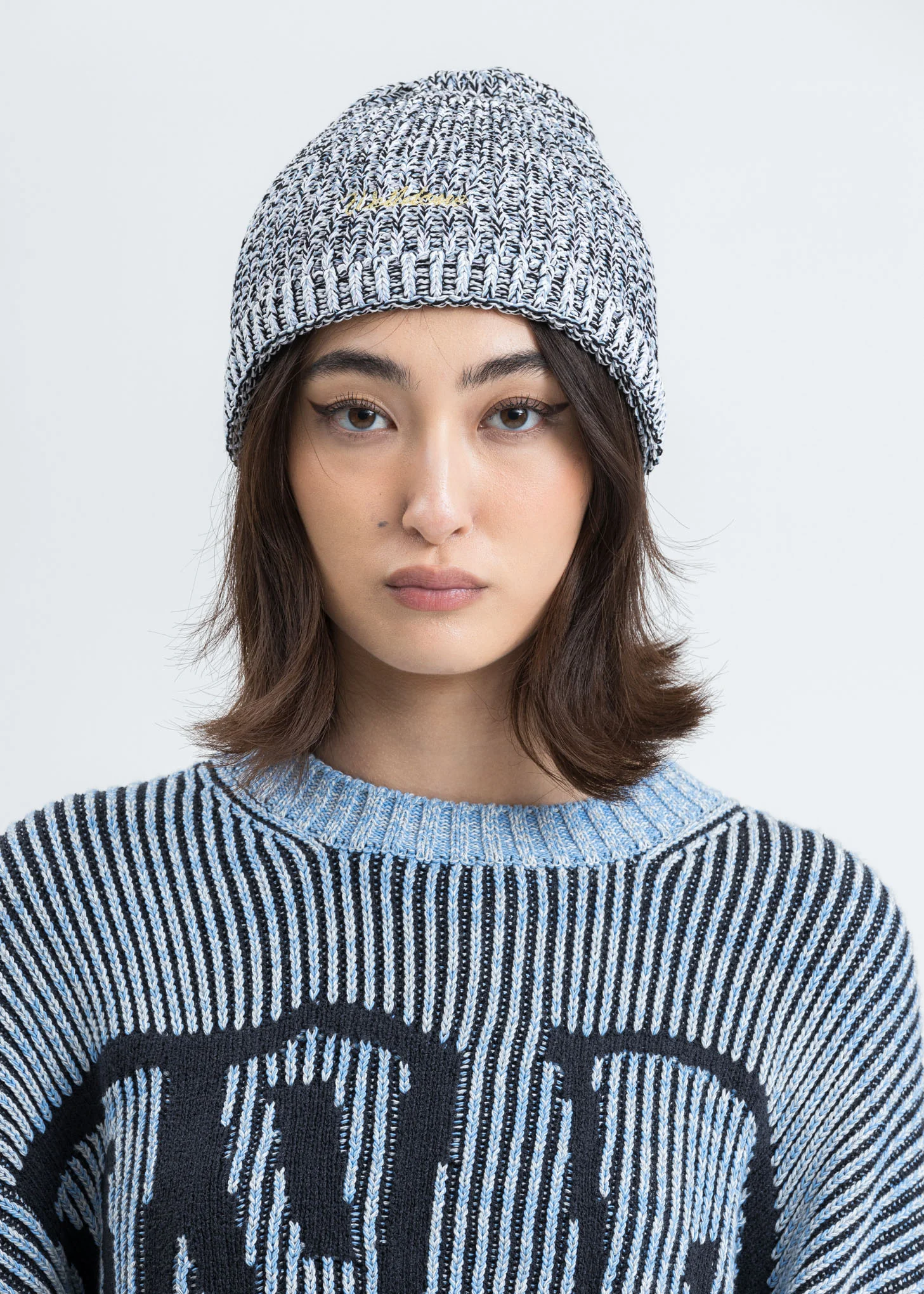 Blue Melange Roll Up Knit Beanie - Image 3