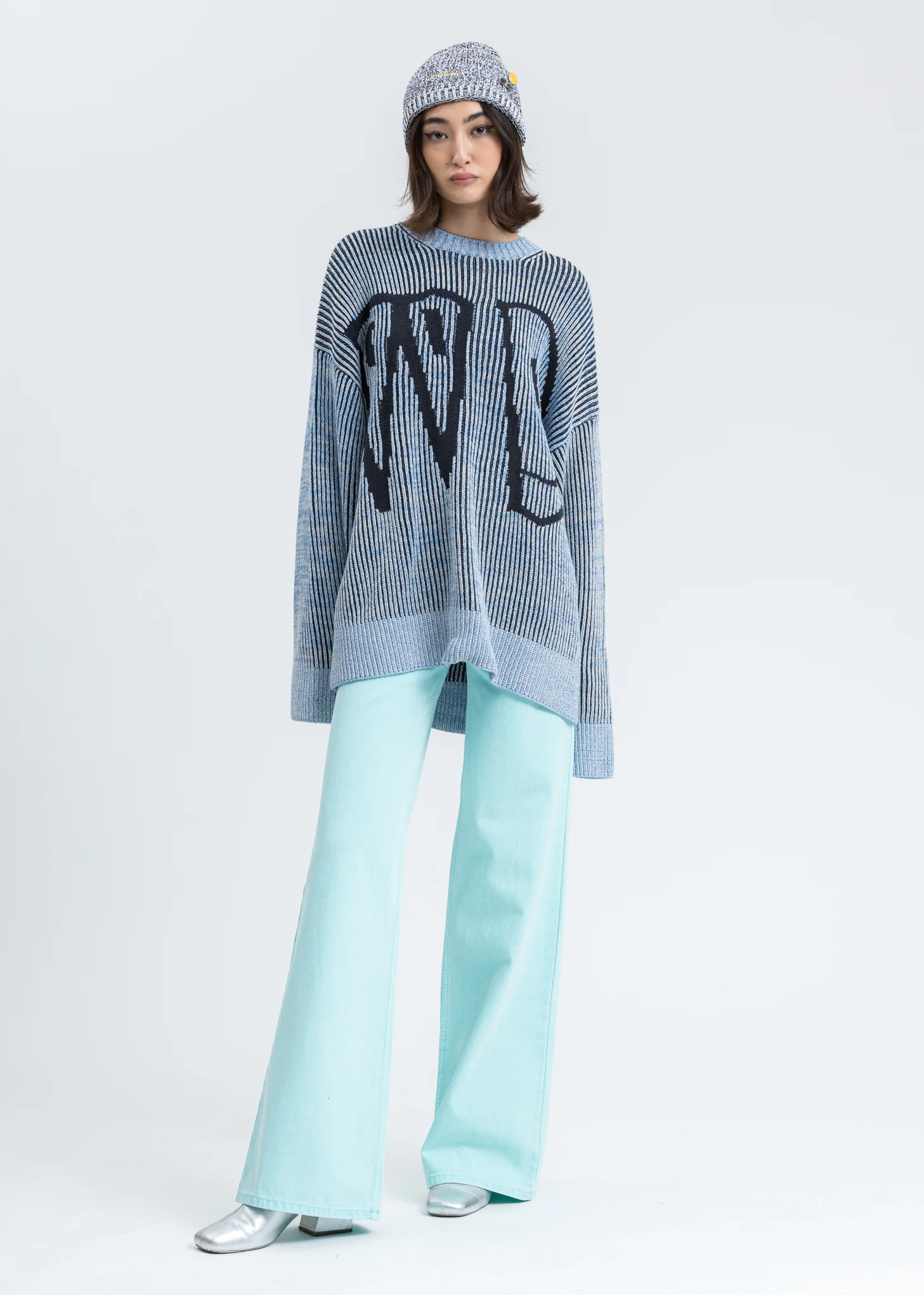 Blue Melange Roll Up Knit Beanie - Image 4