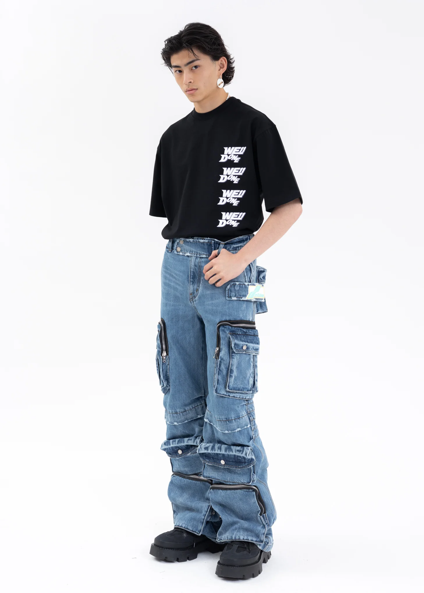 BLUE MULTI-WASHED CARGO PANTS - Image 9