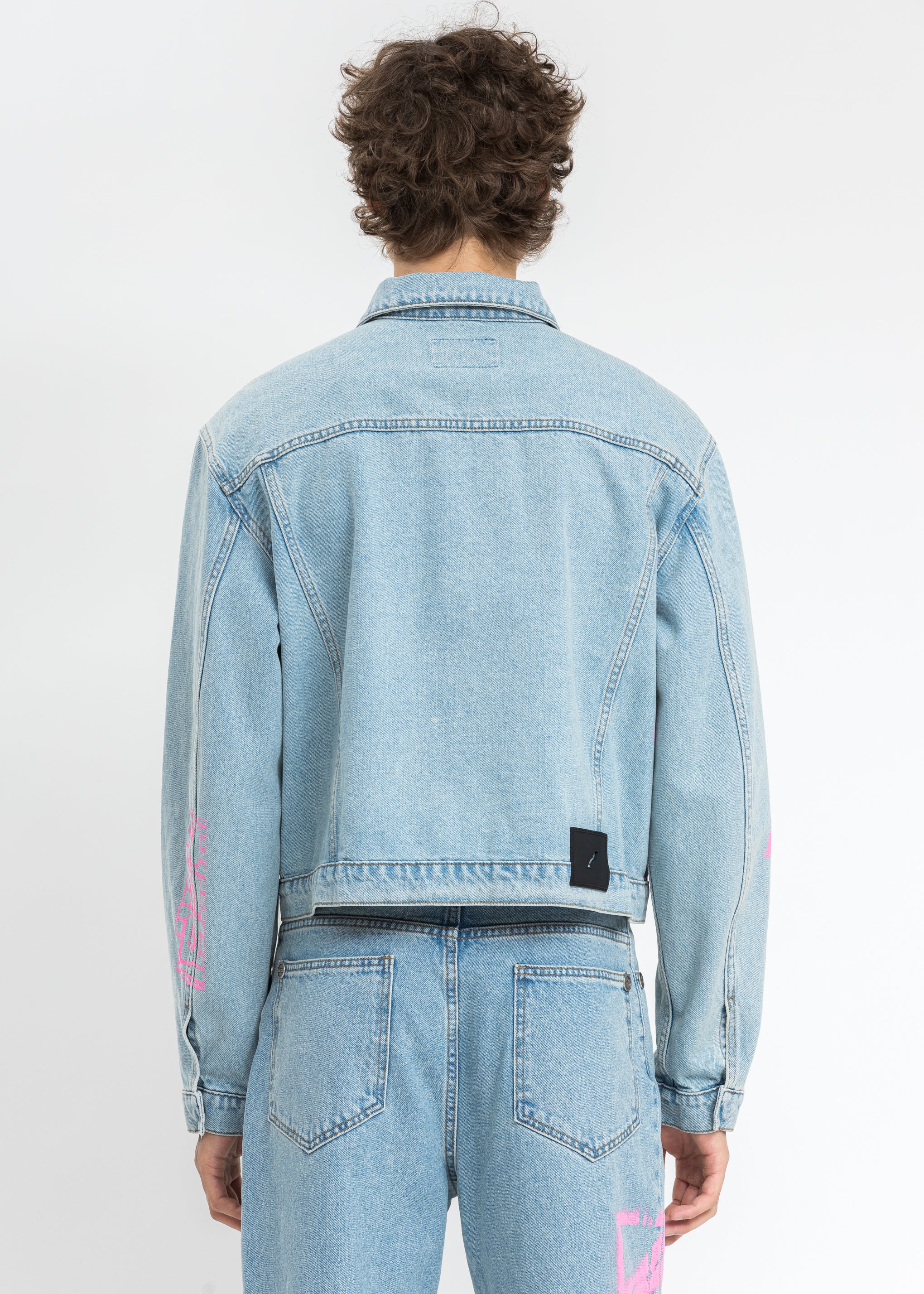 Blue Neon Logo Print Denim Jacket - Image 3