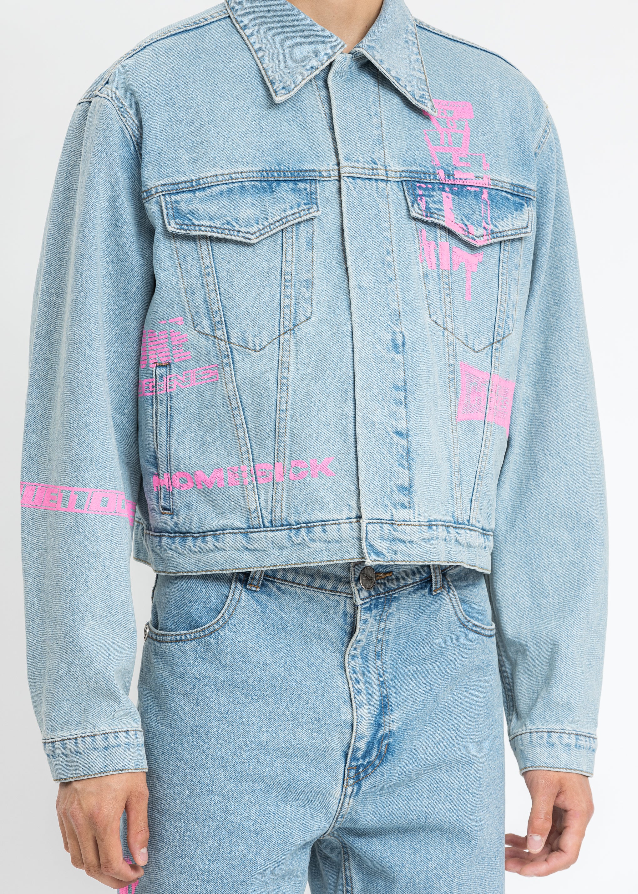 Blue Neon Logo Print Denim Jacket - Image 4