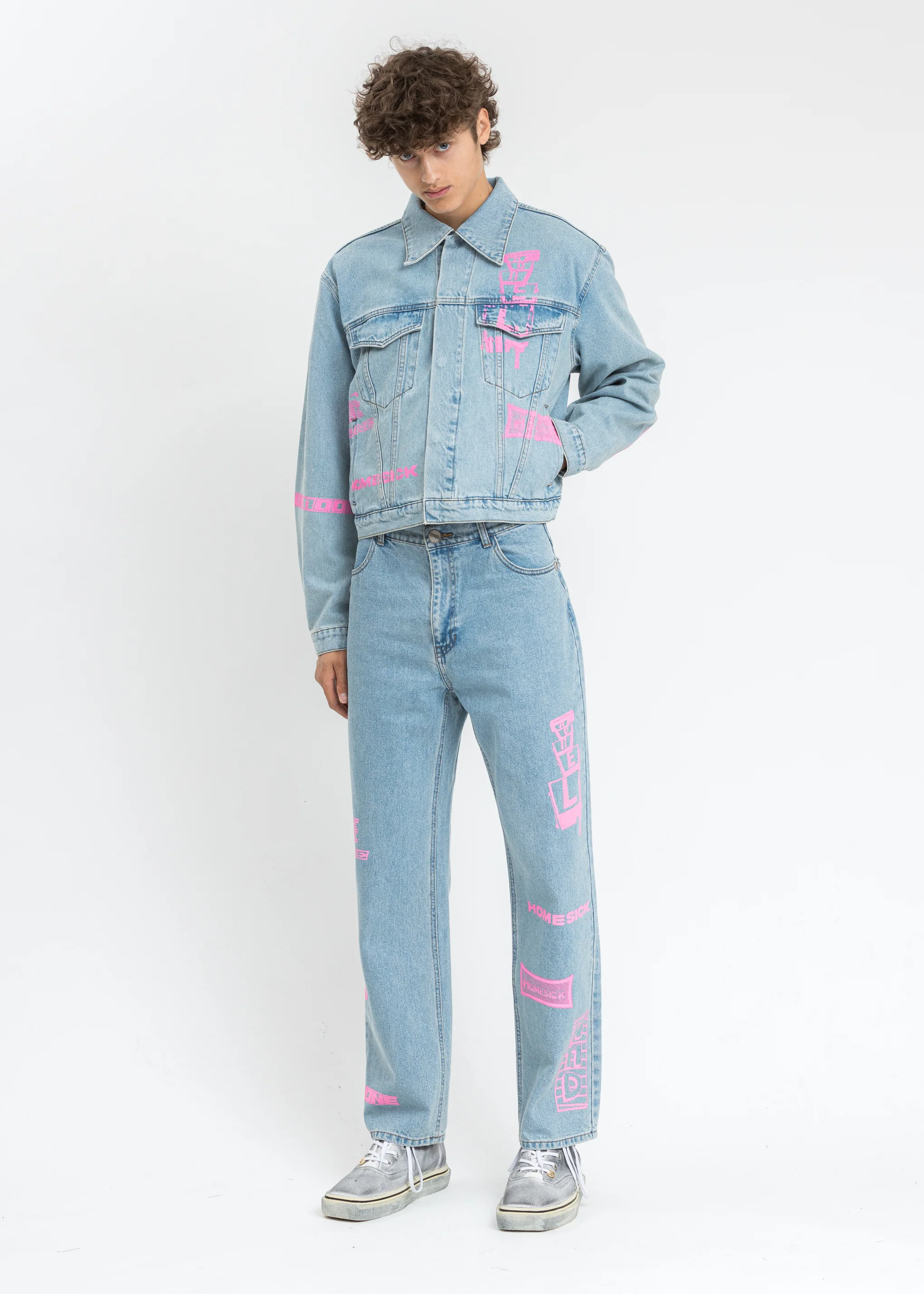 Blue Neon Logo Print Denim Jacket - Image 5