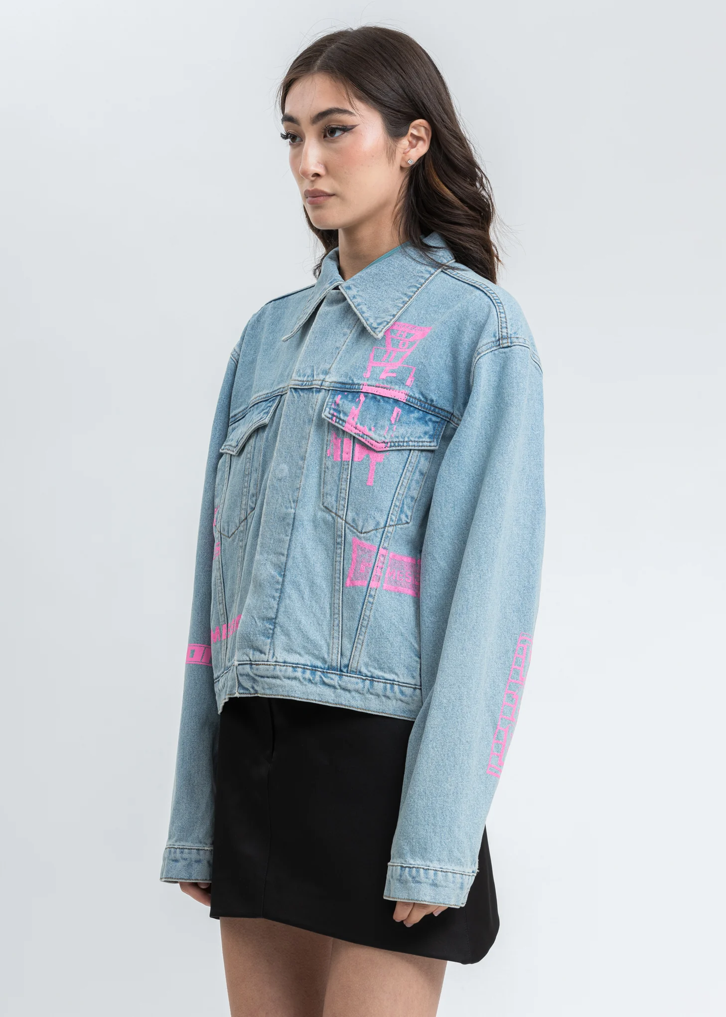 Blue Neon Logo Print Denim Jacket - Image 3