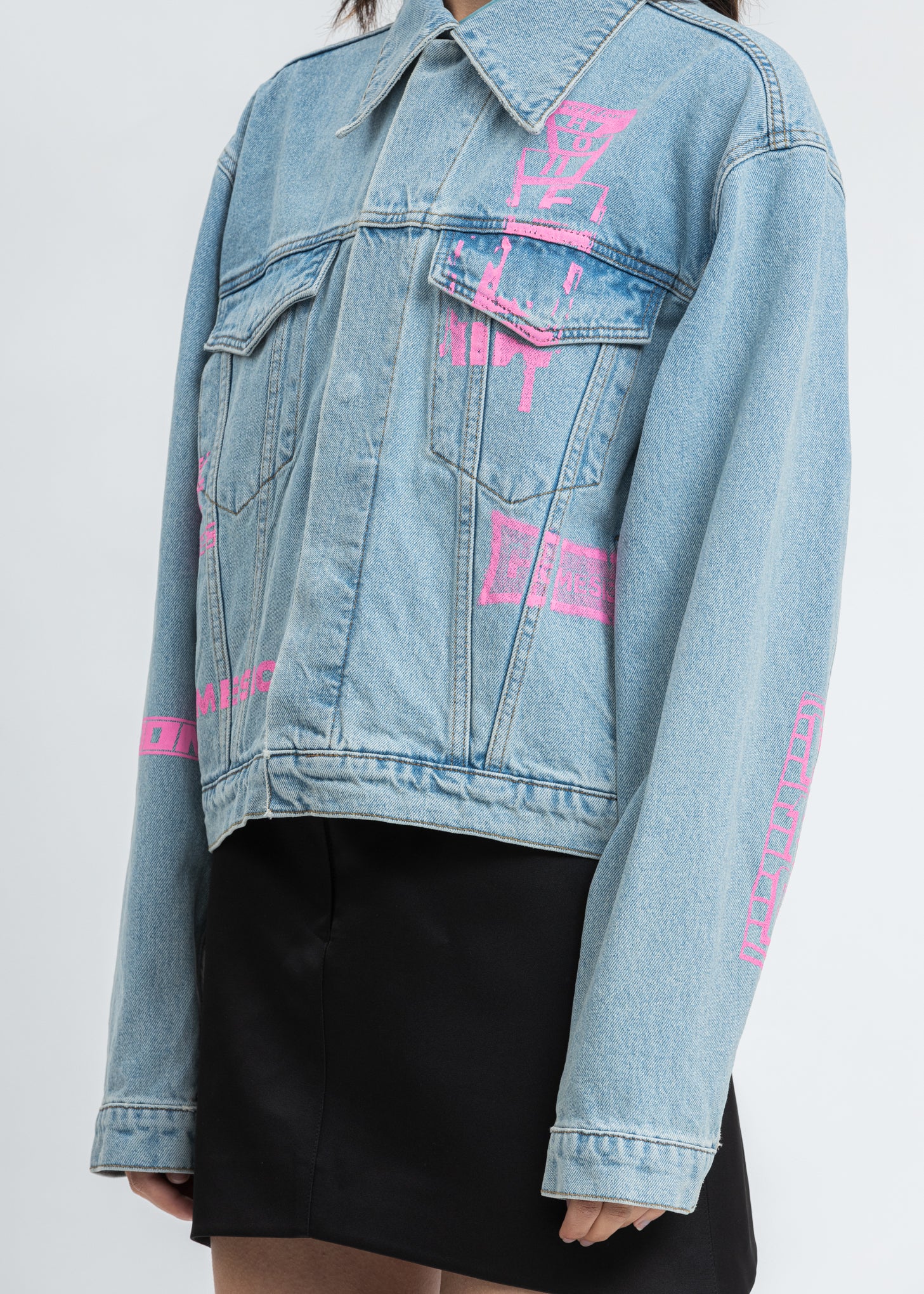 Blue Neon Logo Print Denim Jacket - Image 4