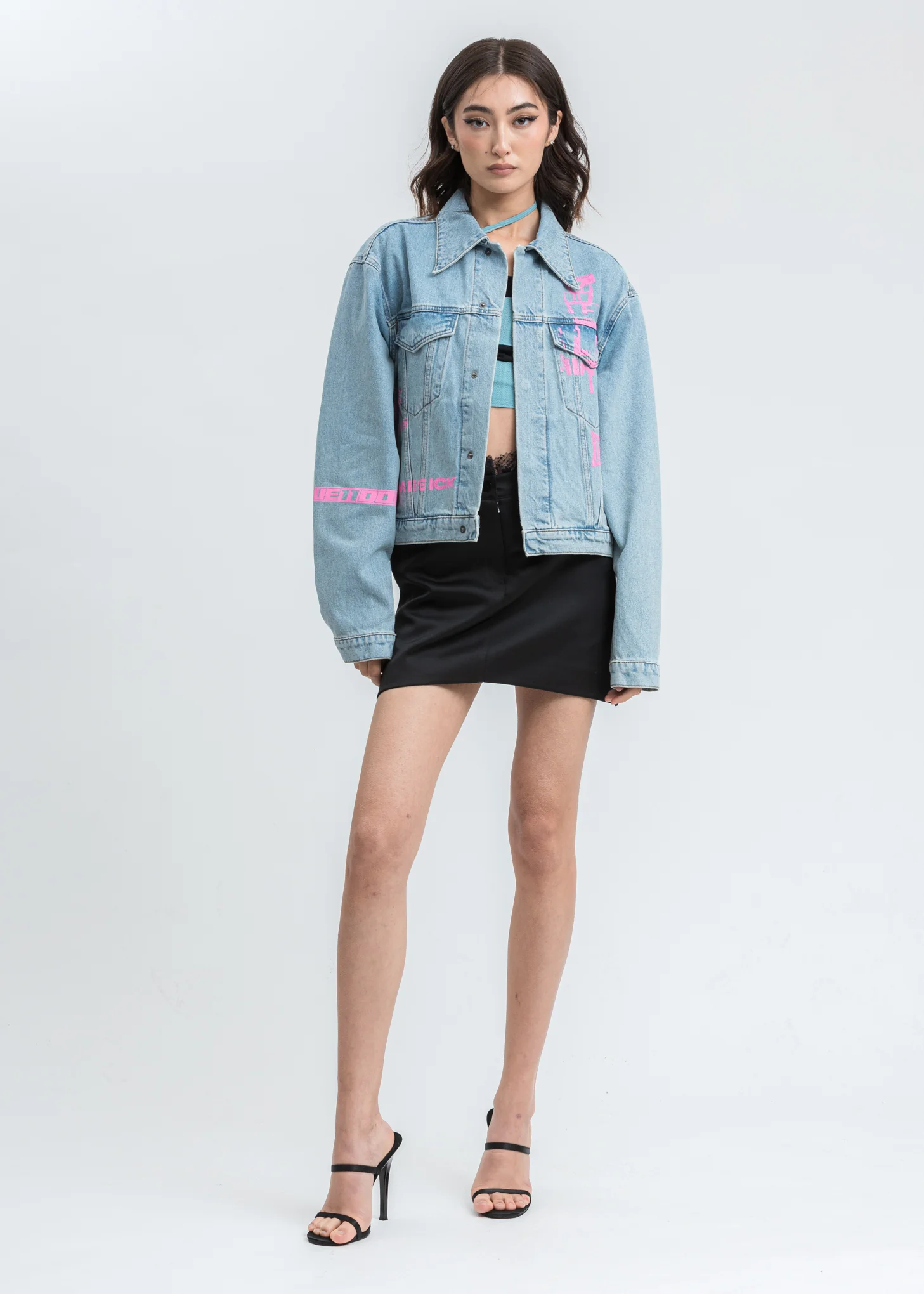 Blue Neon Logo Print Denim Jacket - Image 6