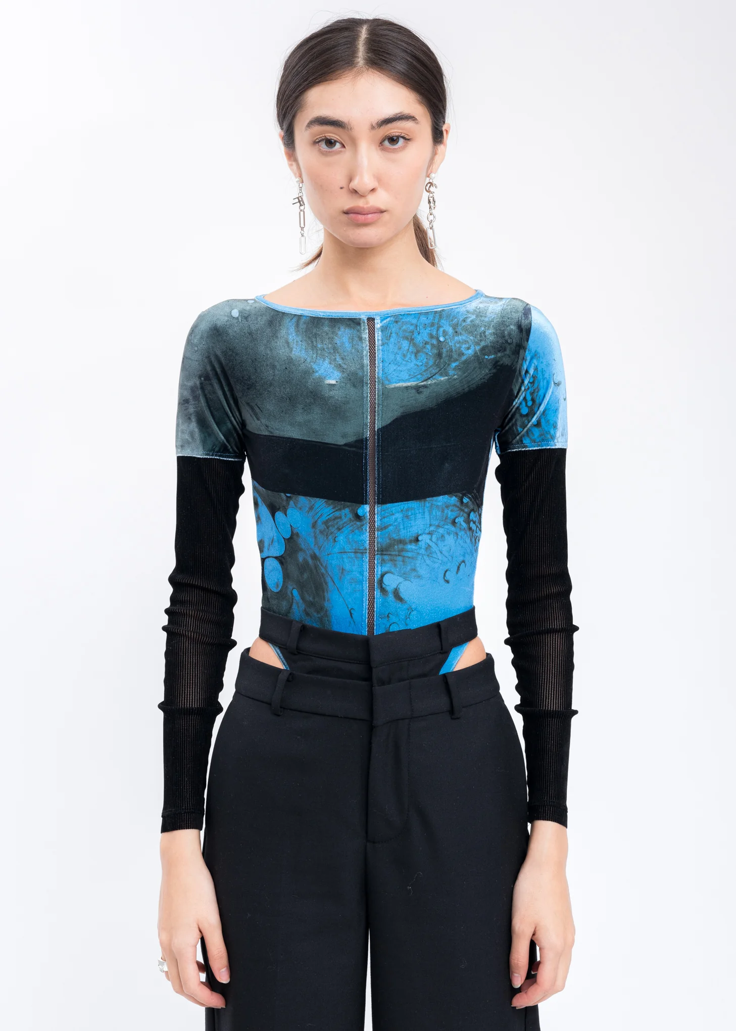 Blue Printed Mesh Bodysuit