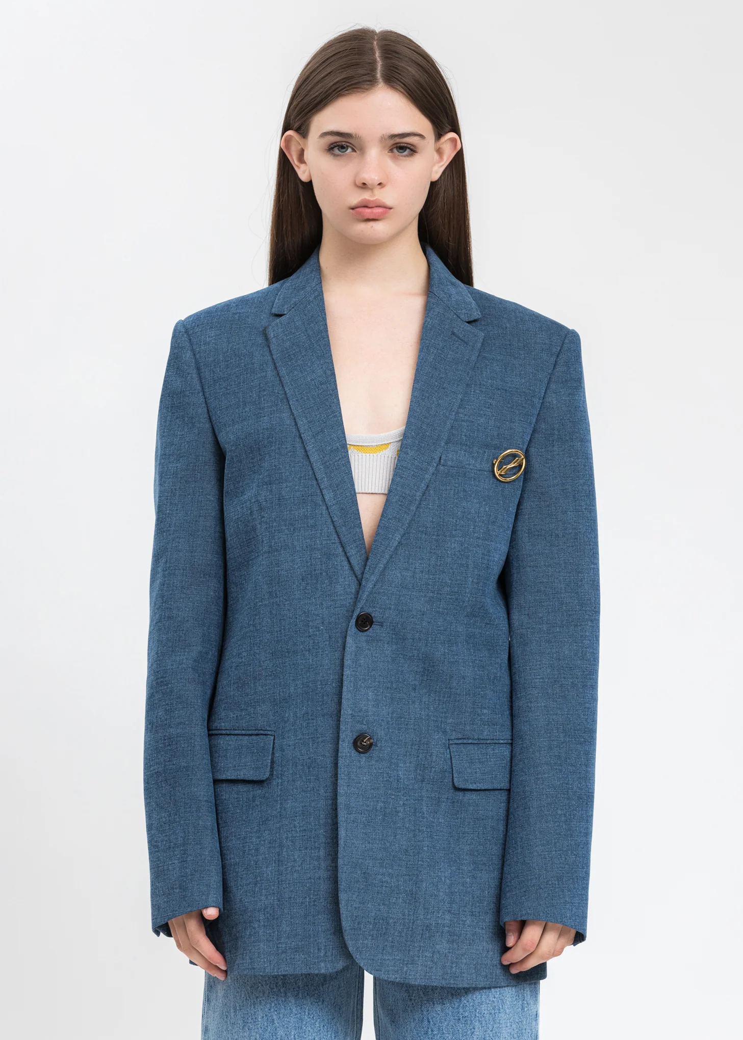 Blue Single Breasted Denim Blazer