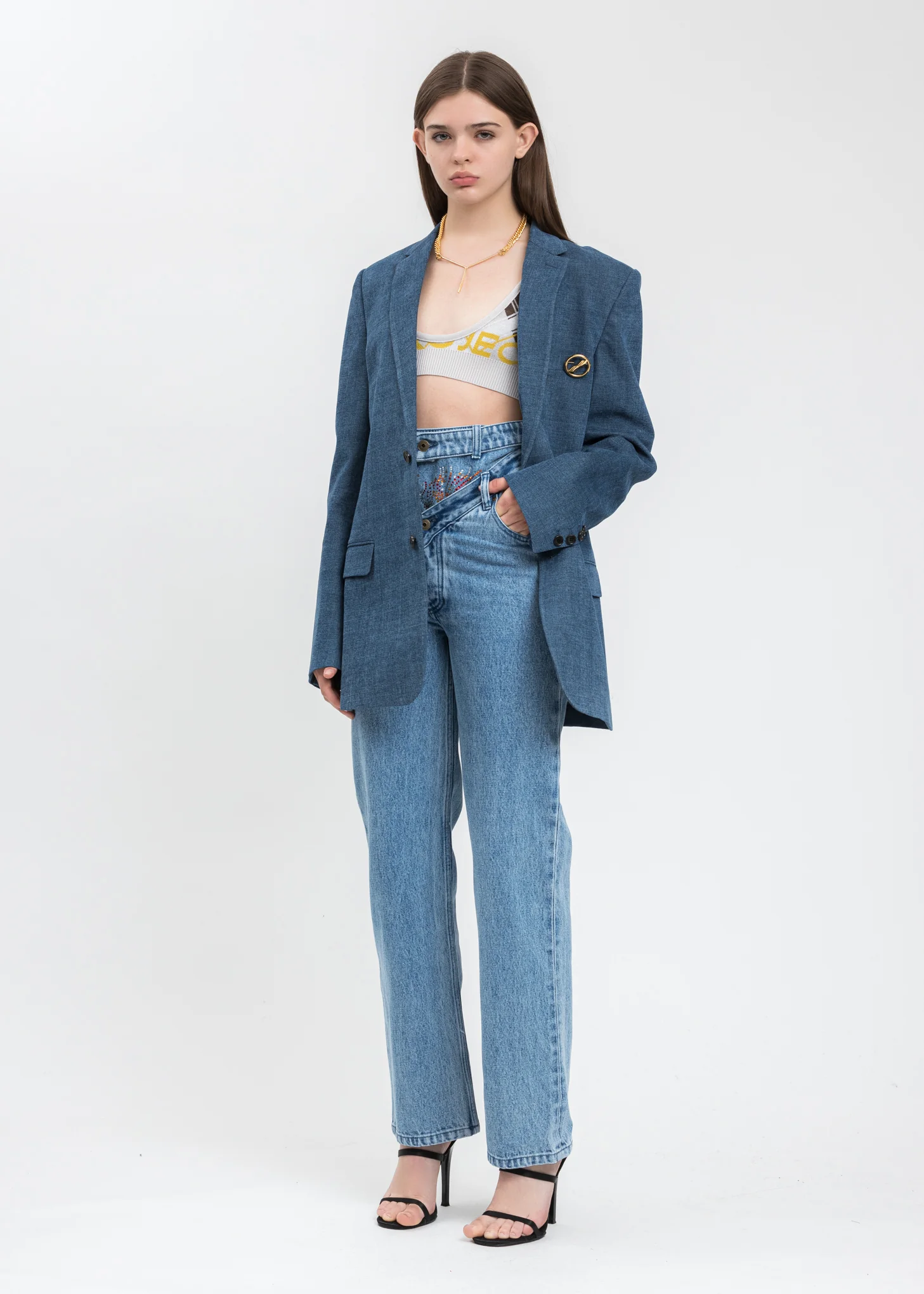 Blue Single Breasted Denim Blazer - Image 5