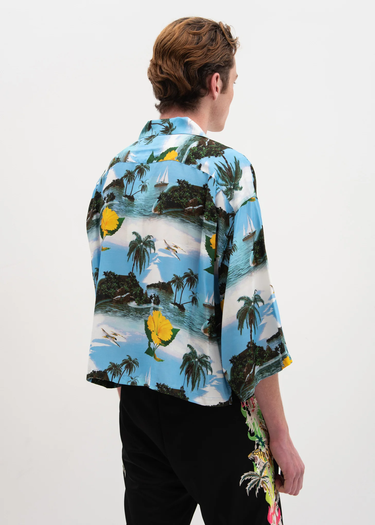 Blue Sky Neon Embroidery Aloha Shirt - Image 3