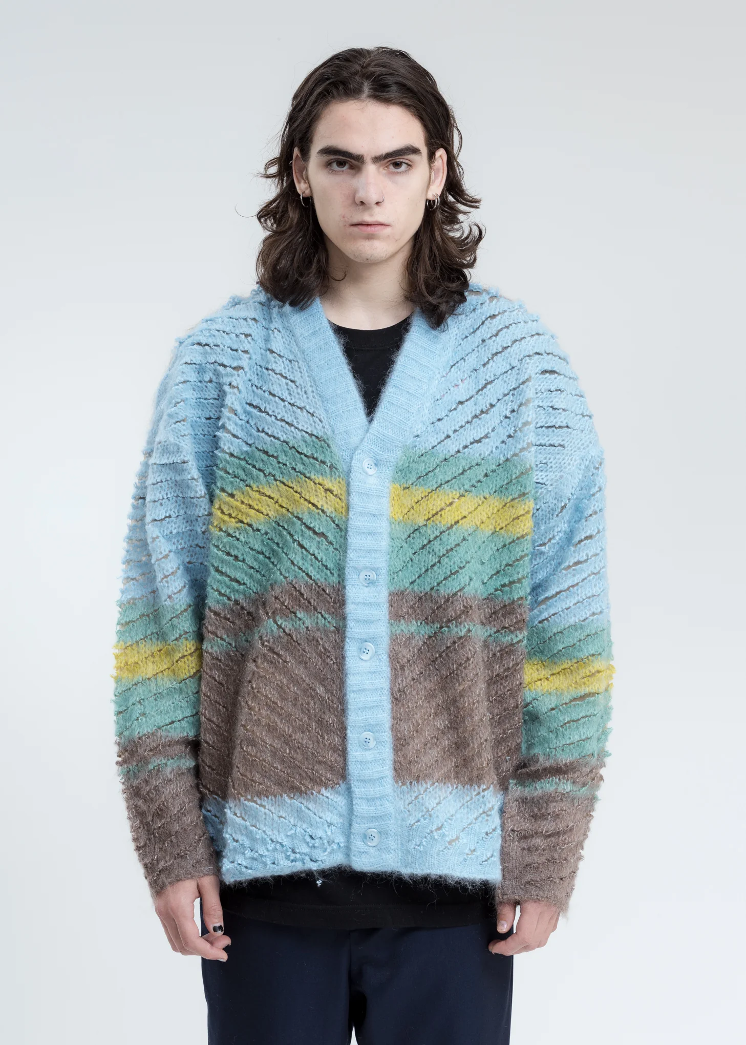 Sky Blue Striped Loop Knit Cardigan