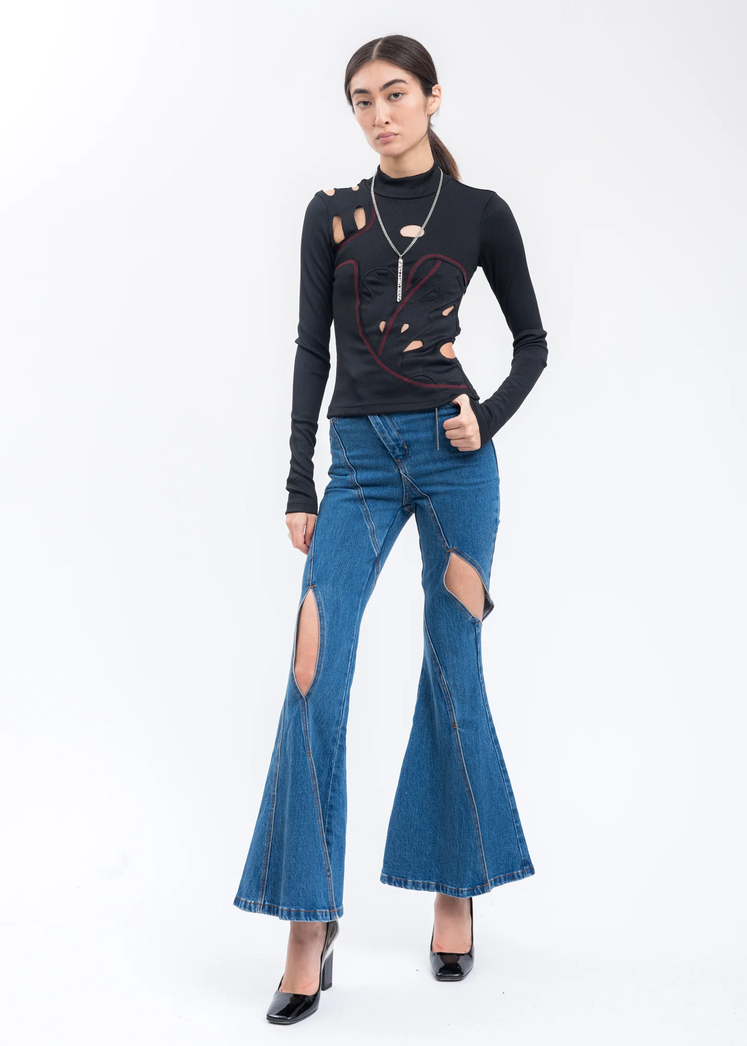 Blue Washed Flared Pants Withe Sheared Cut Detail - Image 8