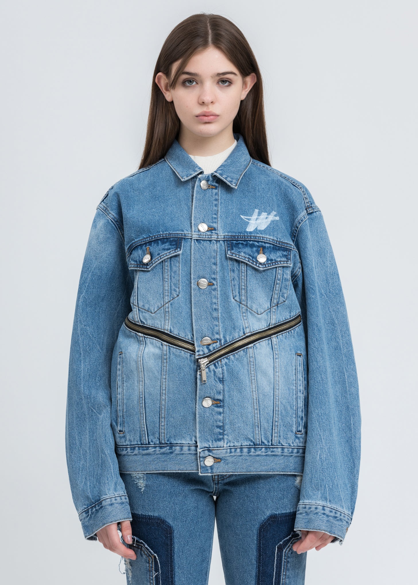 Blue WD Logo Zipper Denim Jacket