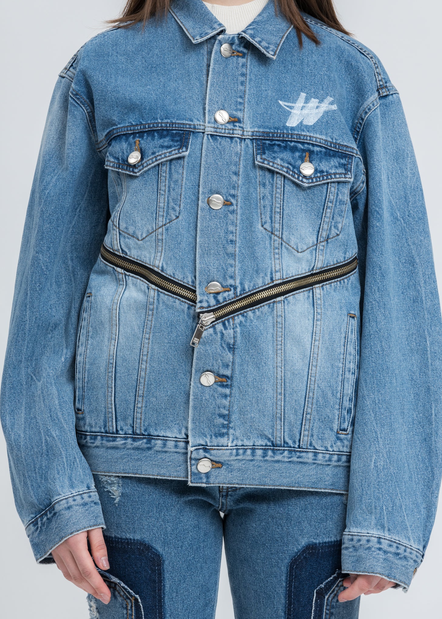 Blue WD Logo Zipper Denim Jacket - Image 5