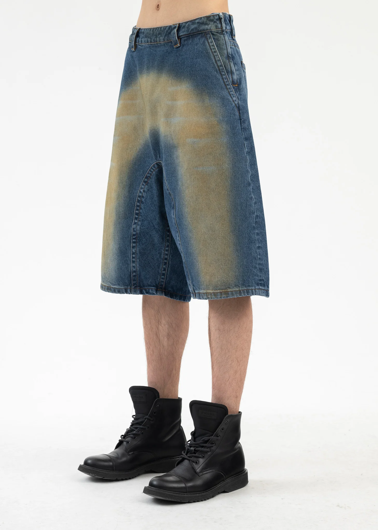 BLUE/ YELLOW SPRAY SOUFFLE DENIM SHORTS - Image 2
