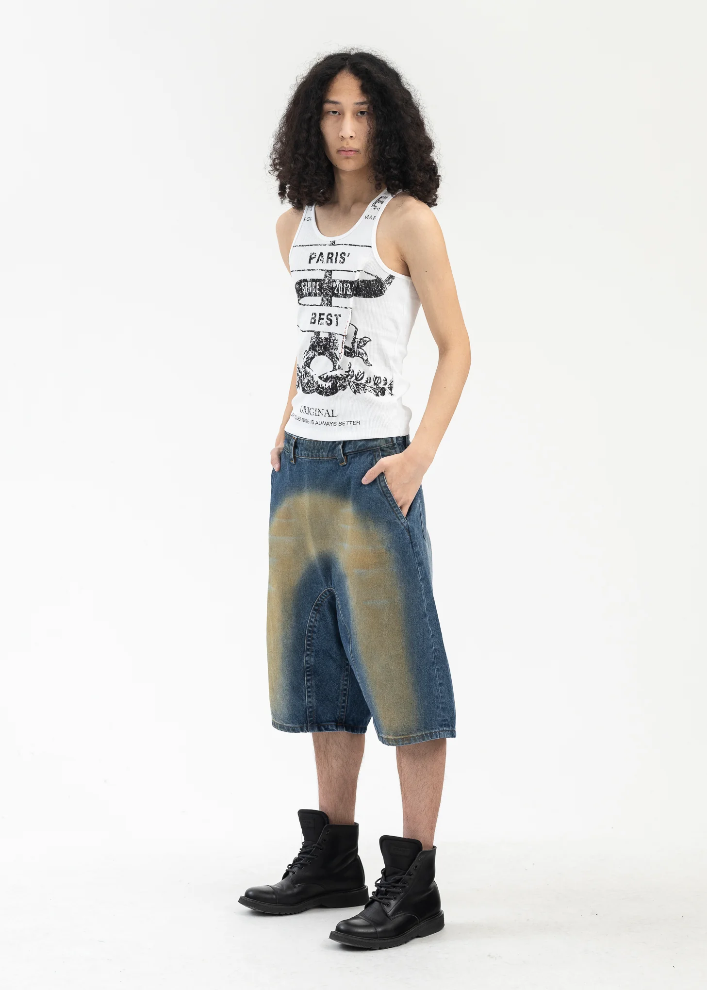 BLUE/ YELLOW SPRAY SOUFFLE DENIM SHORTS - Image 5