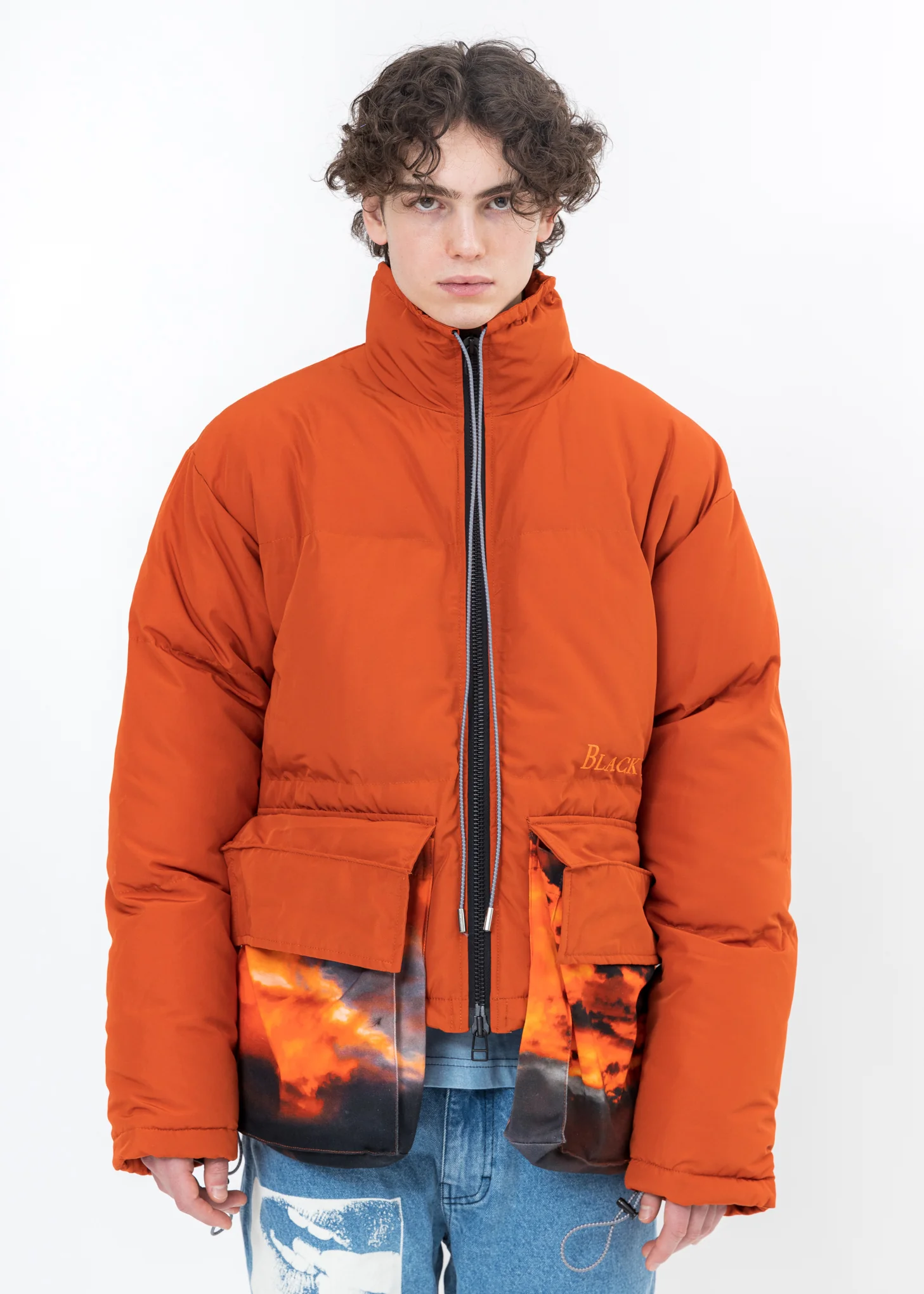 Brown Down Jacket With SUNSET Print Pockets