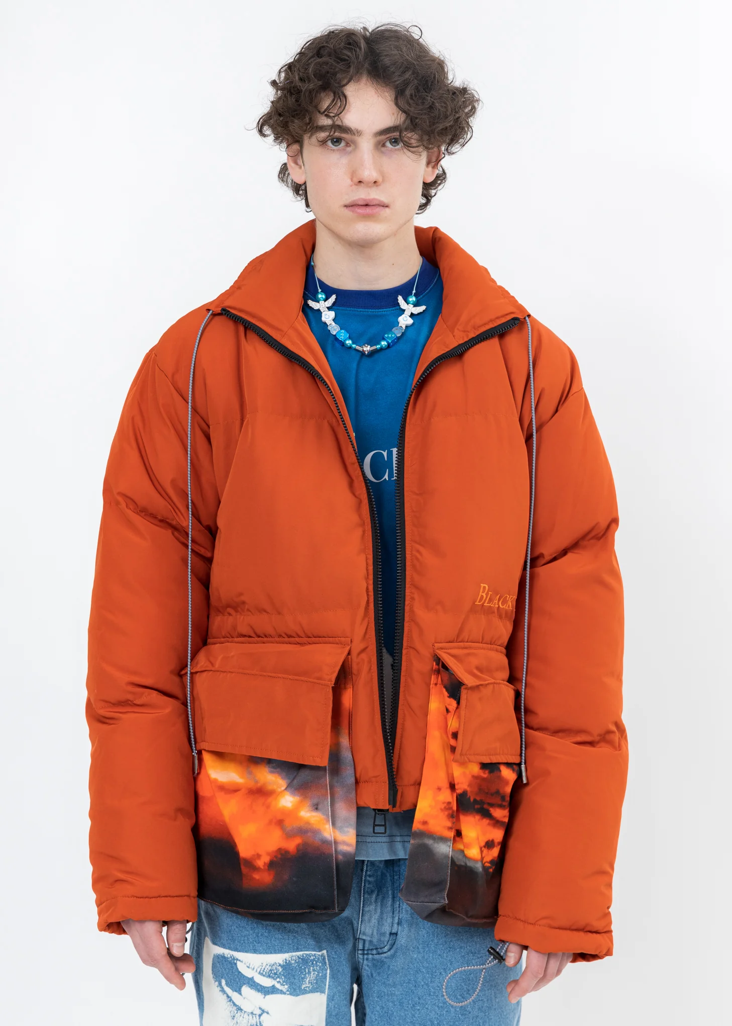 Brown Down Jacket With SUNSET Print Pockets - Image 3