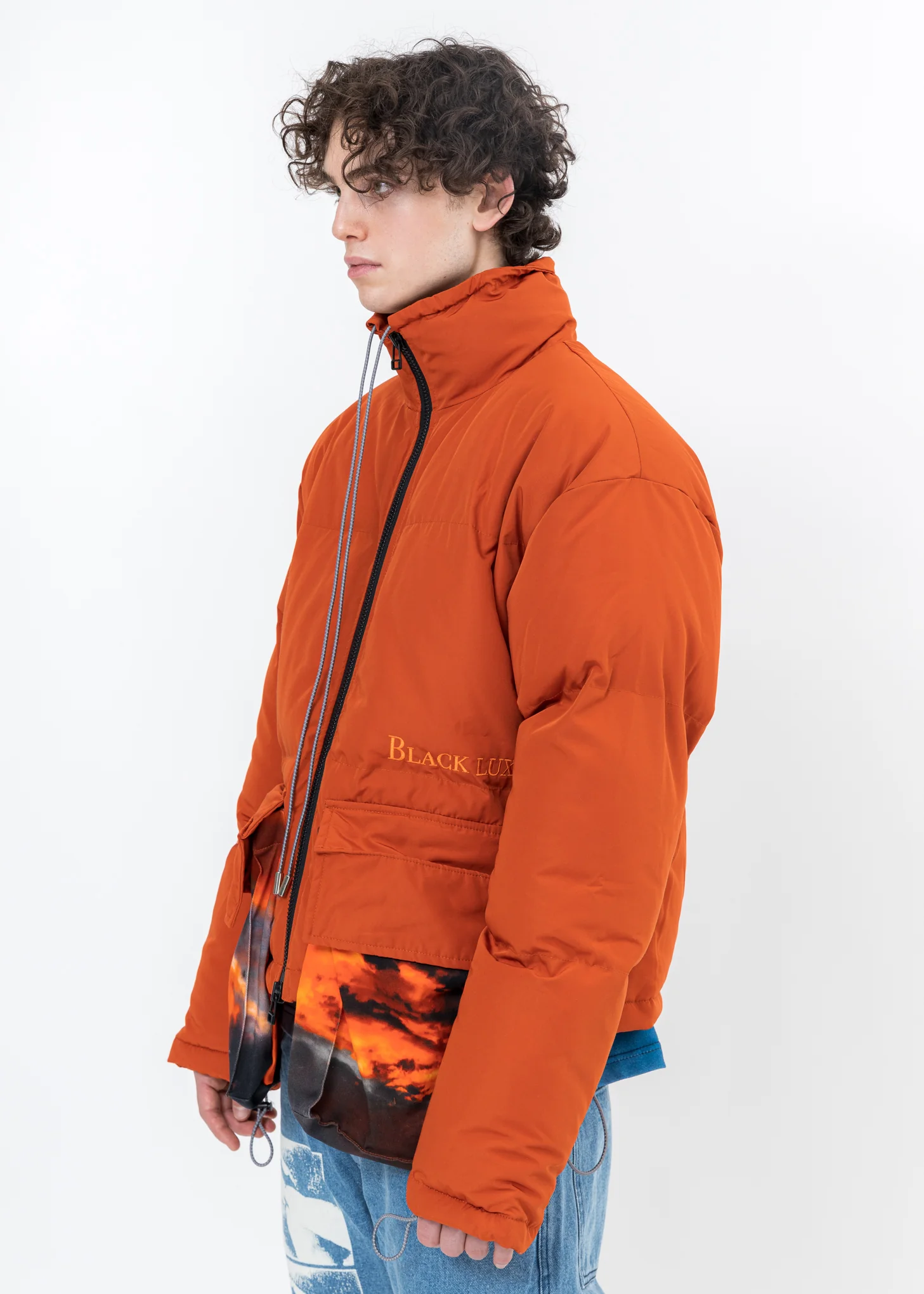 Brown Down Jacket With SUNSET Print Pockets - Image 4
