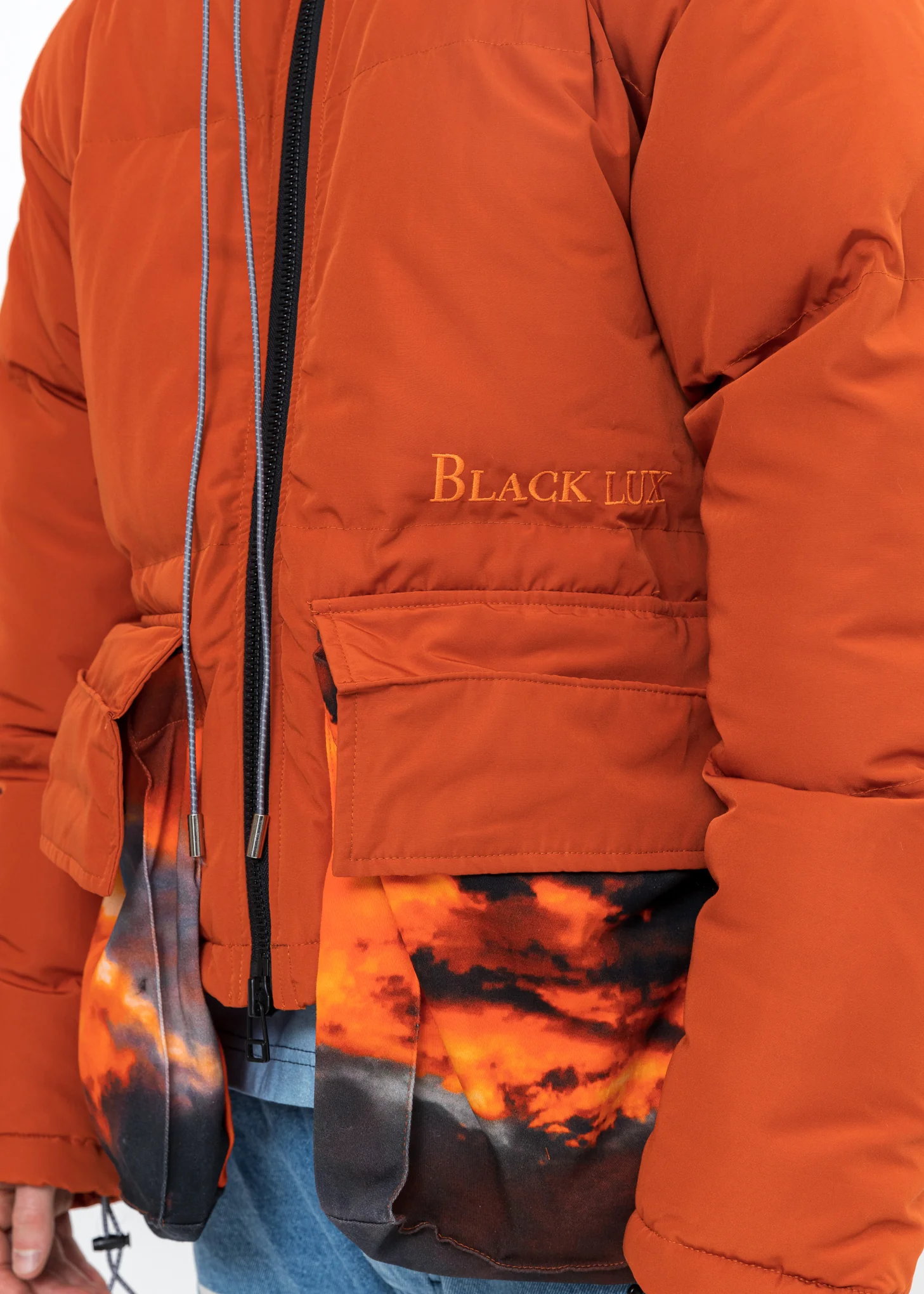 Brown Down Jacket With SUNSET Print Pockets - Image 6