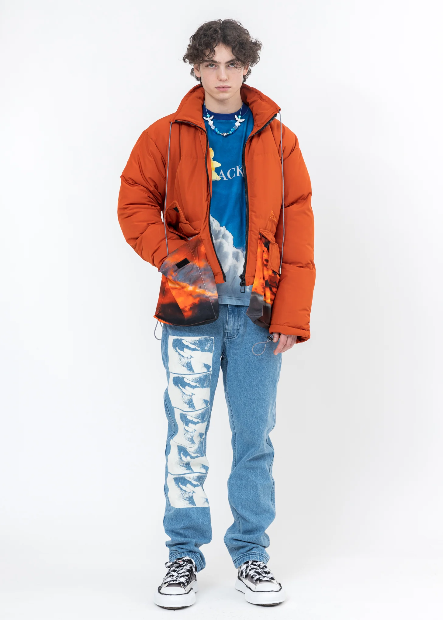 Brown Down Jacket With SUNSET Print Pockets - Image 7