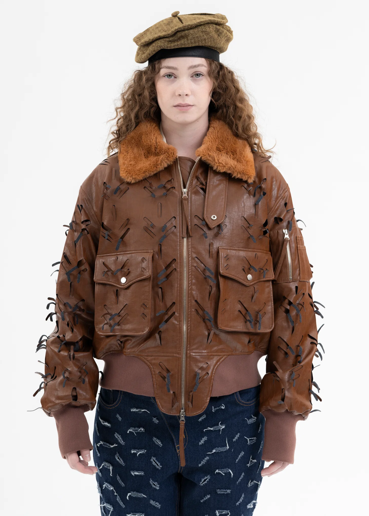 BROWN LASER-SLASHED A-2 FLIGHT FAUX LEATHER JACKET