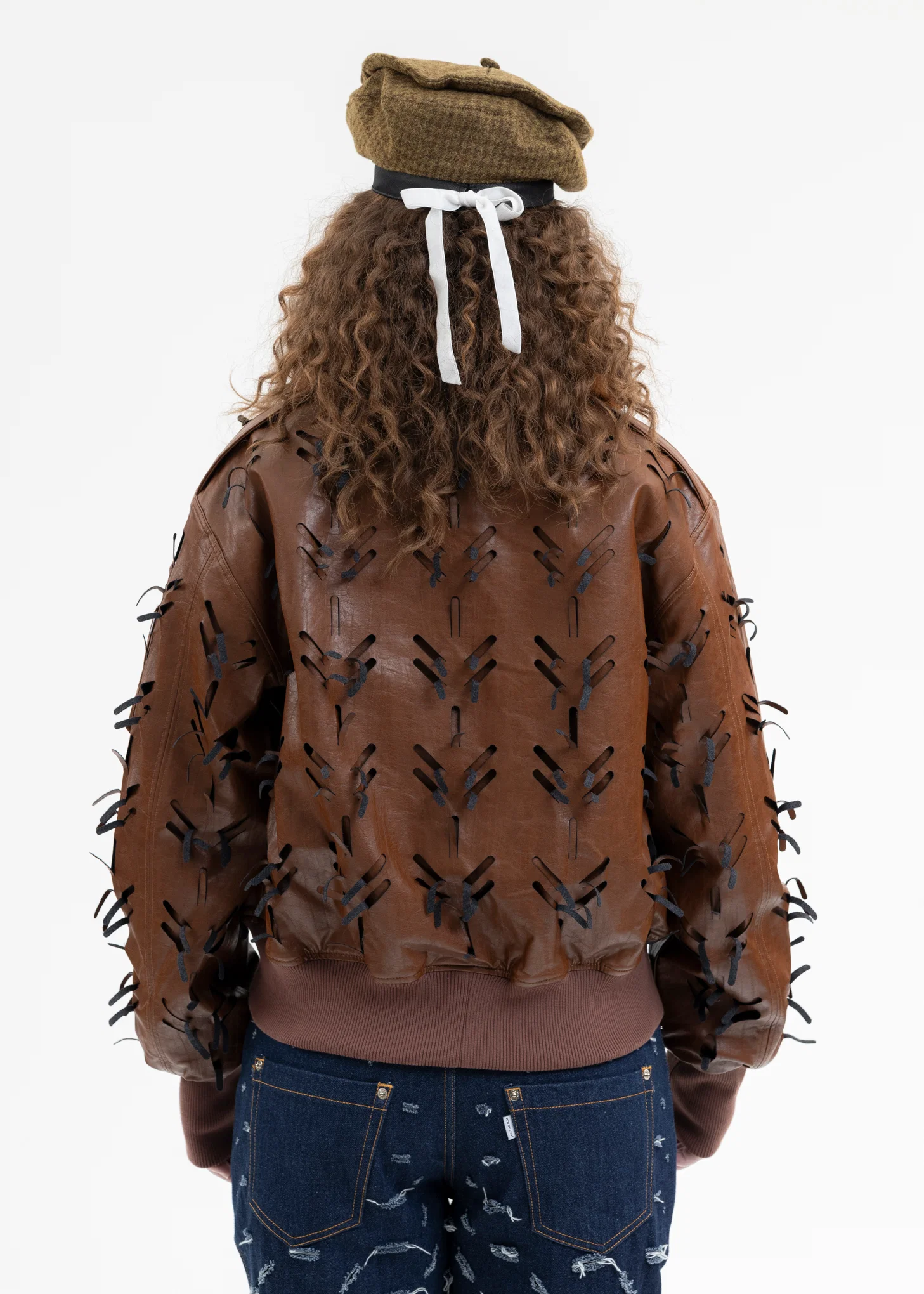 BROWN LASER-SLASHED A-2 FLIGHT FAUX LEATHER JACKET - Image 2