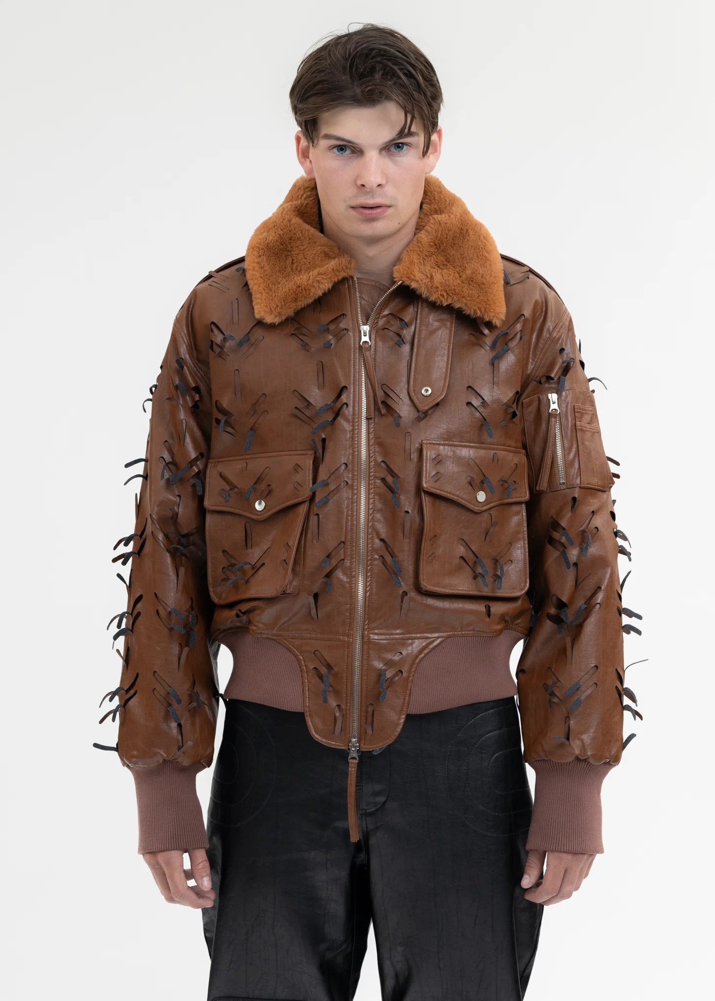 BROWN LASER-SLASHED A-2 FLIGHT FAUX LEATHER JACKET