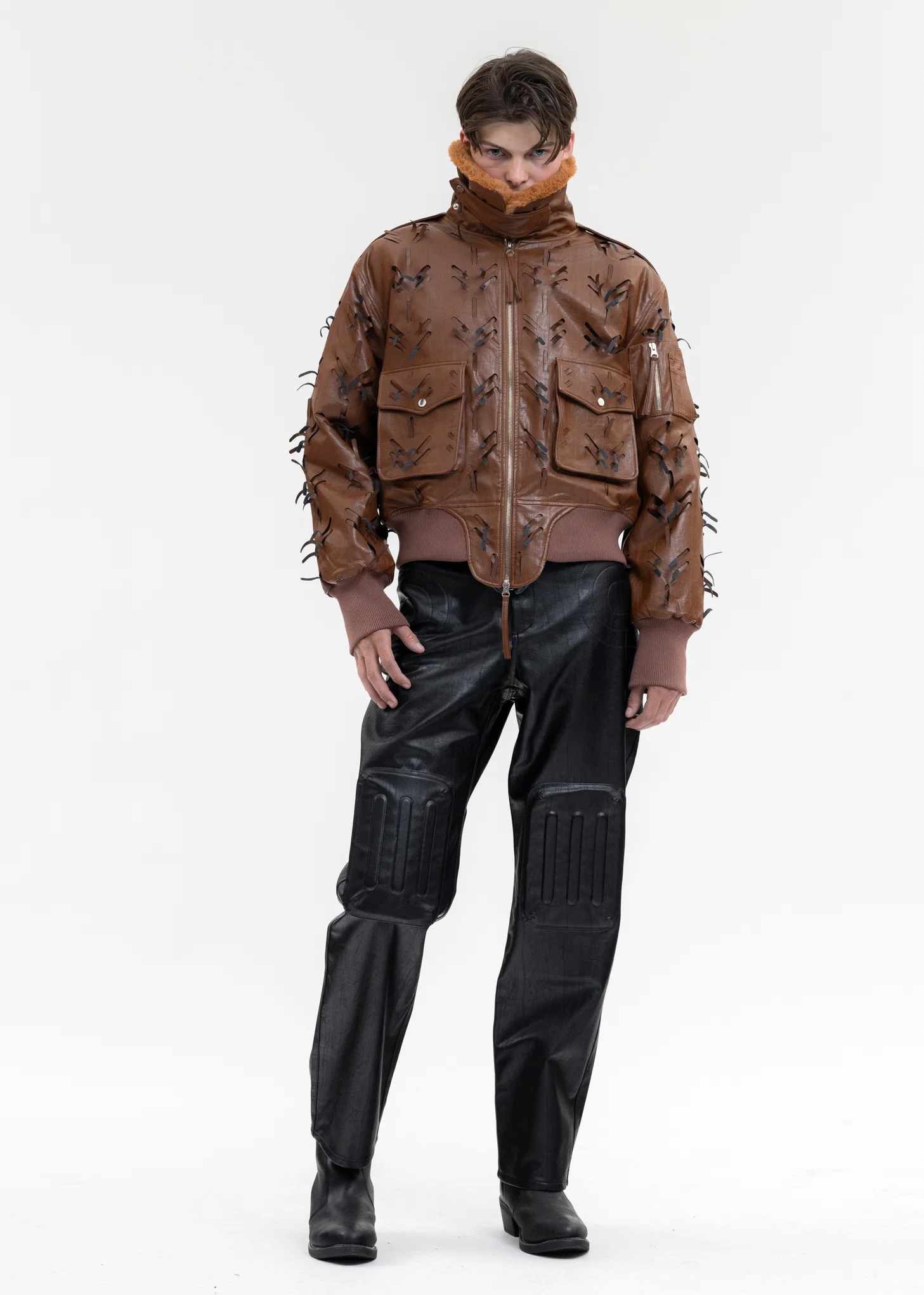 BROWN LASER-SLASHED A-2 FLIGHT FAUX LEATHER JACKET - Image 5
