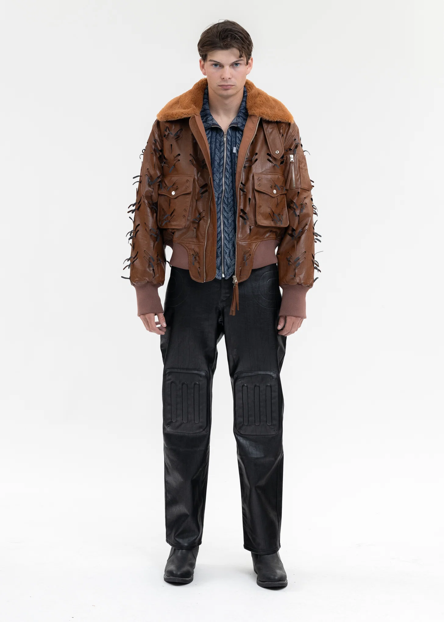 BROWN LASER-SLASHED A-2 FLIGHT FAUX LEATHER JACKET - Image 6