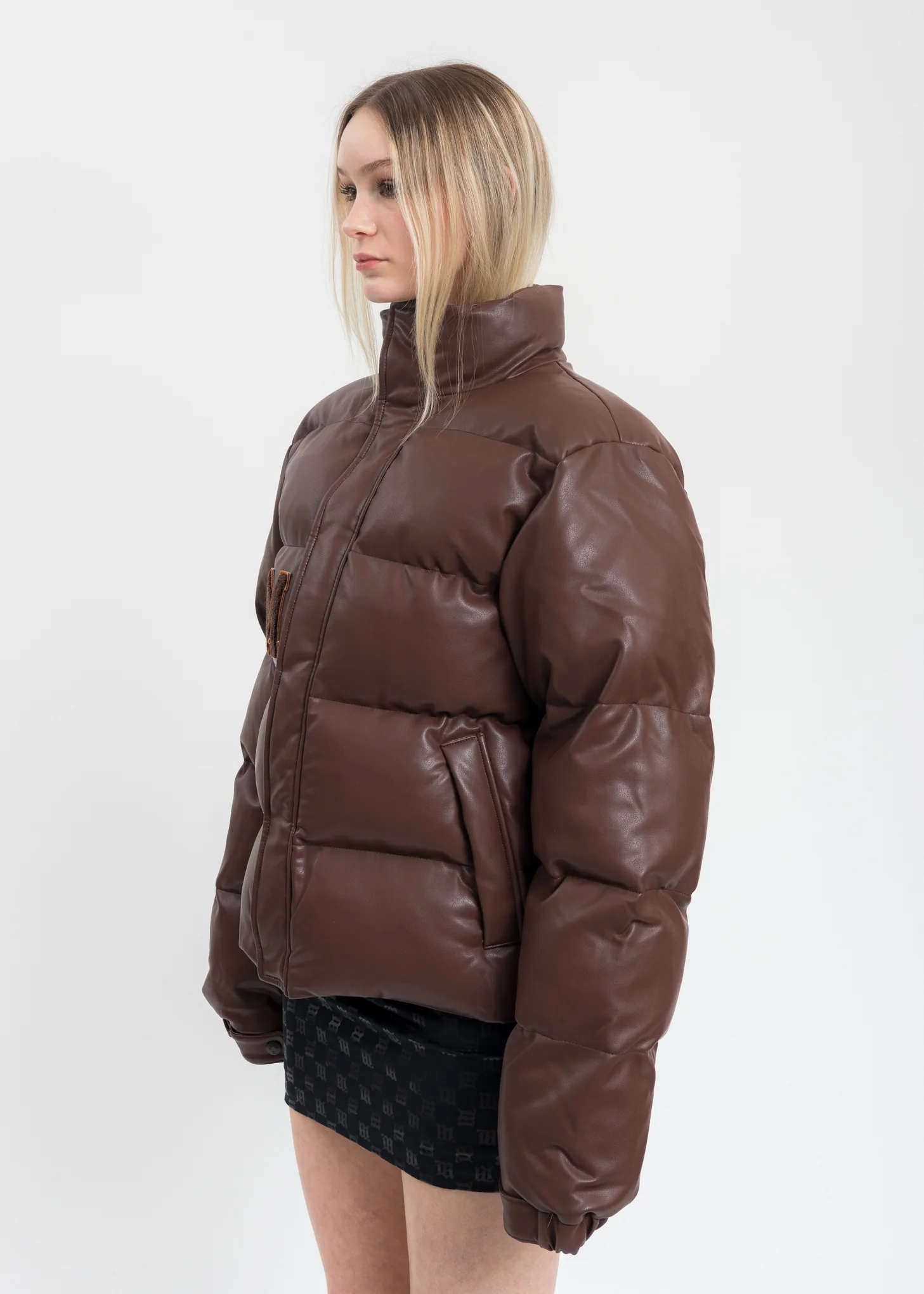 Brown Vegan Leather Campus Puffer Jacket - Image 4