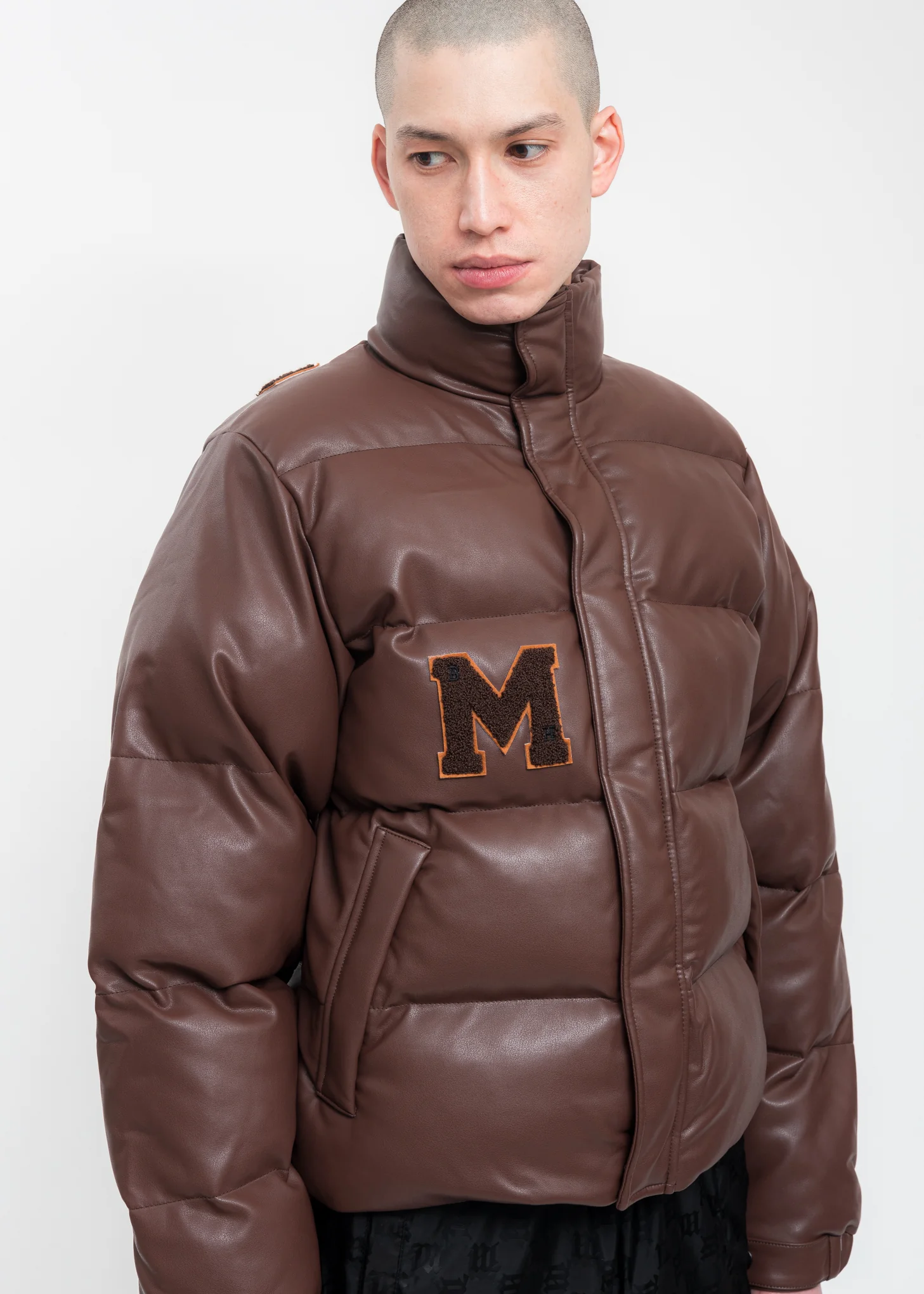 Brown Vegan Leather Campus Puffer Jacket - Image 3